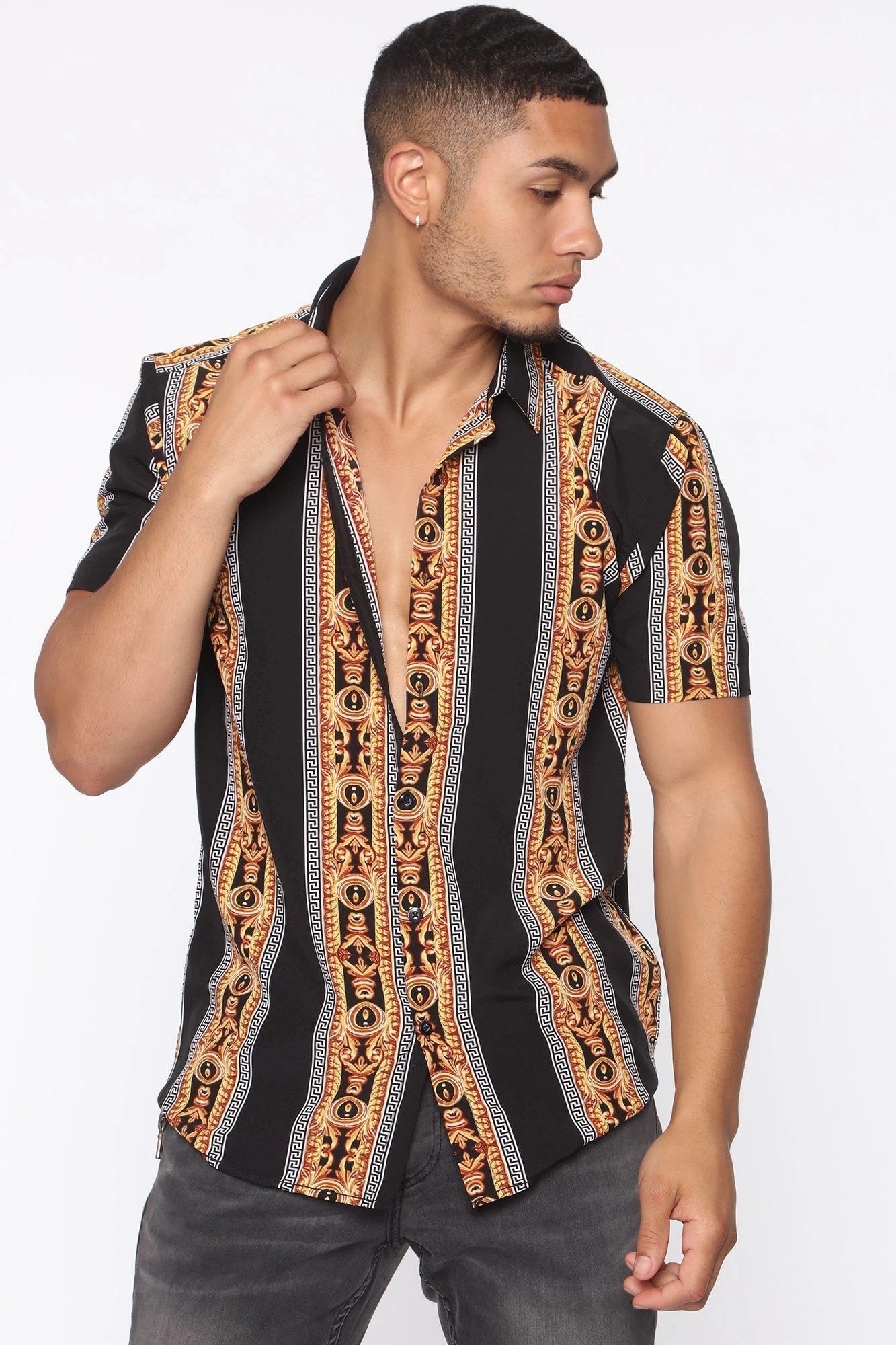Roman Short Sleeve Woven Top Black Gold Men's