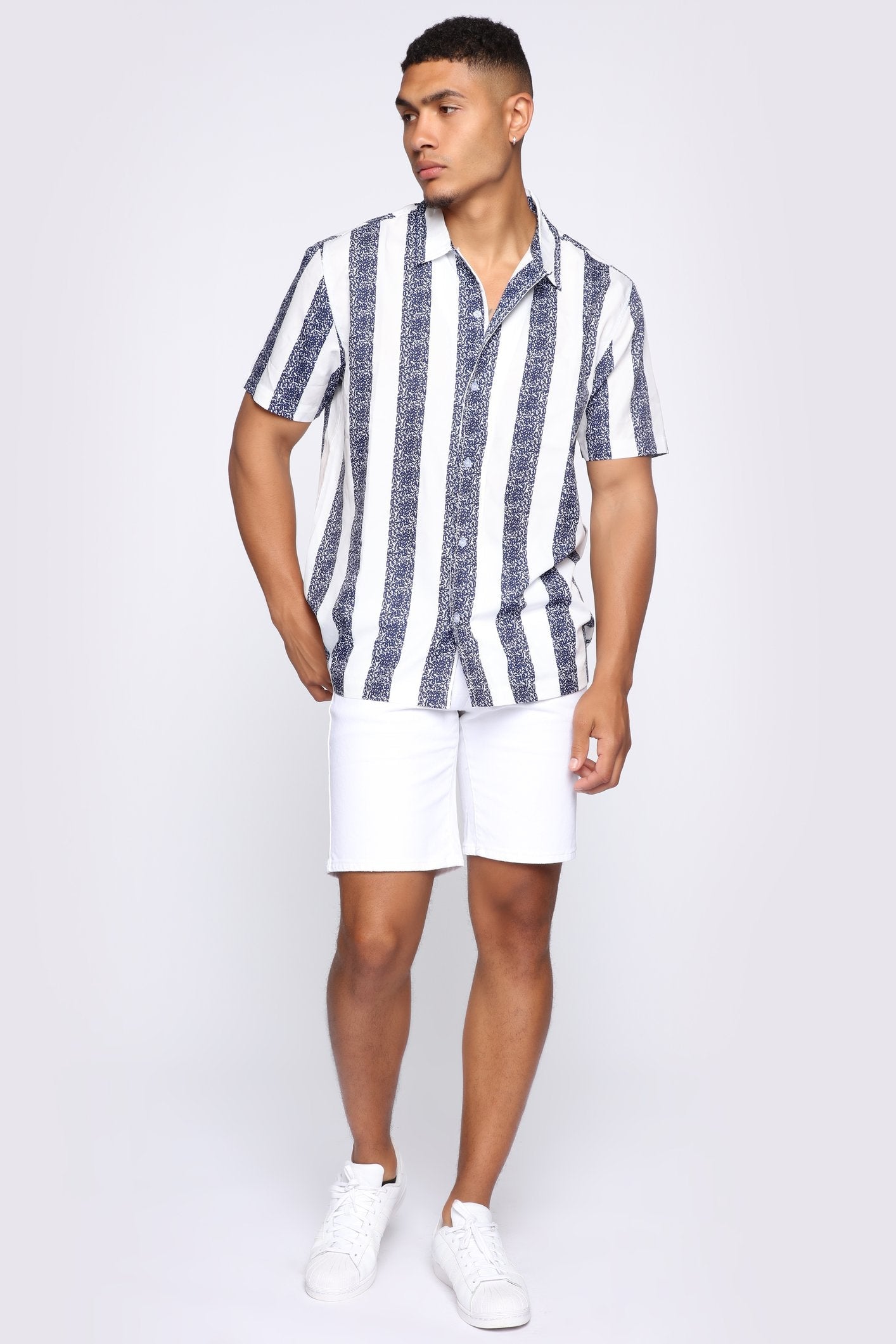 White Color Roman Short Sleeve Men's Cuban Coller Printed Shirt