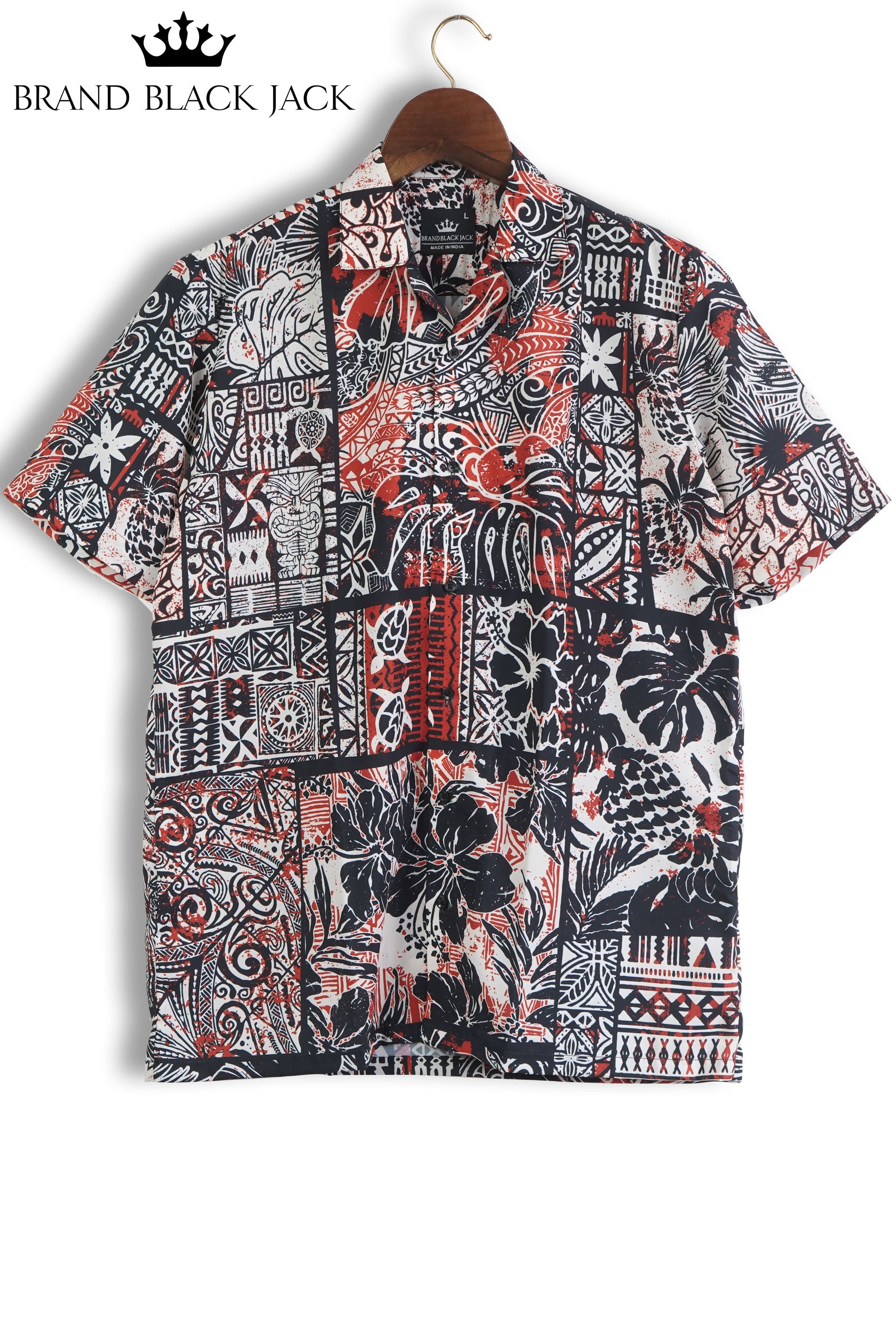 Hawaiian Hibiscus and Tribal Patchwork Abstract Vintage Printed Mens Shirt by Black Jack