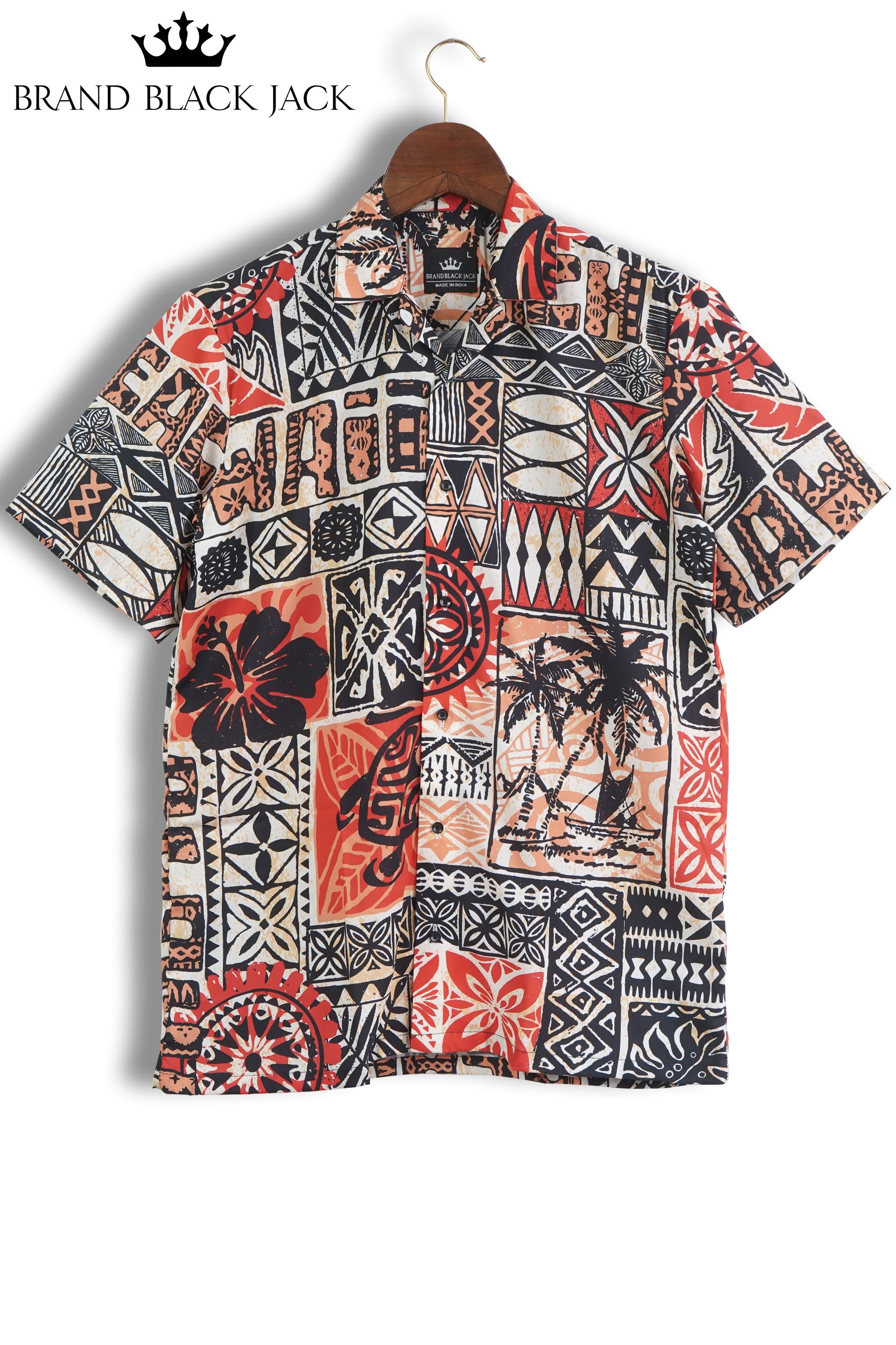 Hawaiian Style Tribal Patchwork Abstract Vintage Printed Mens Shirt by Black Jack for Travel