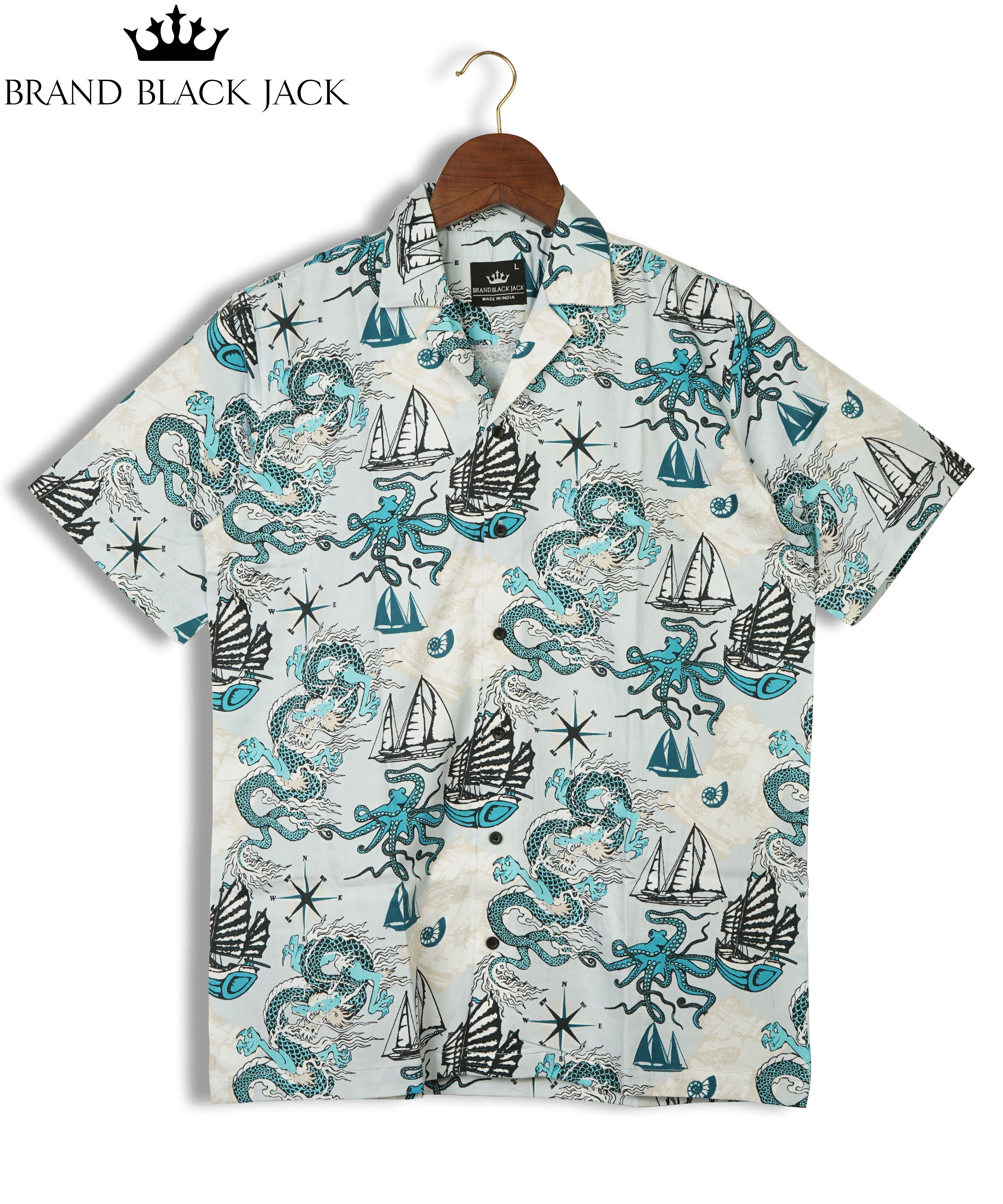 Pattern of Asian Dragon, Octopus and Sea Voyages Mens Printed Premium Cotton Shirt by Black Jack