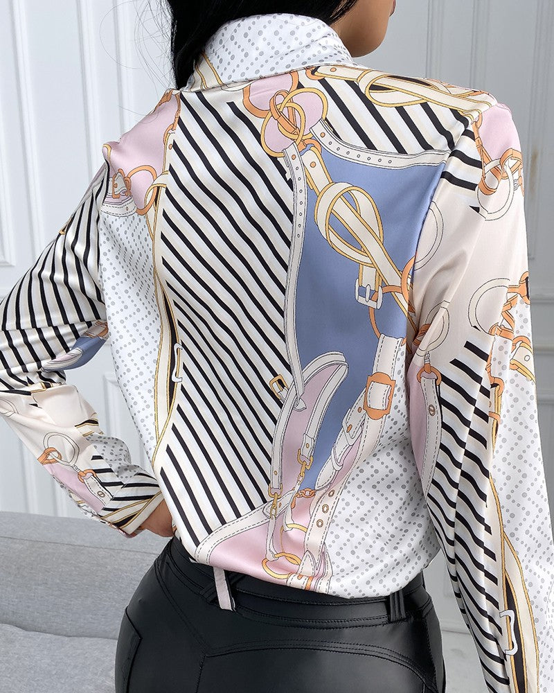 Scarf Print Satin Long Sleeve Shirt