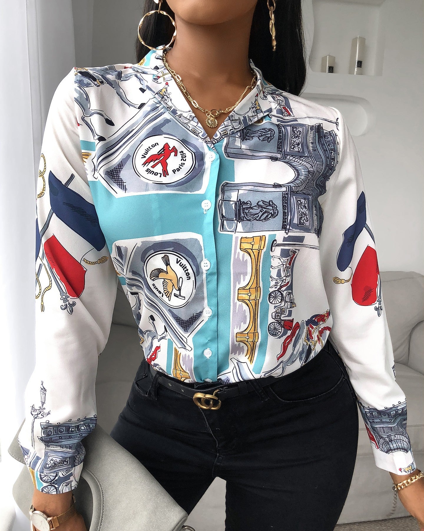 Graphic Print Button Design Long Sleeve Shirt