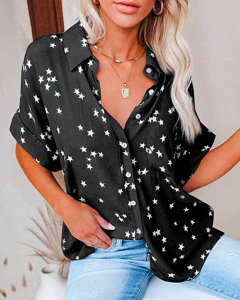 Buttoned Pocket Design Star Print Short Sleeve Shirt