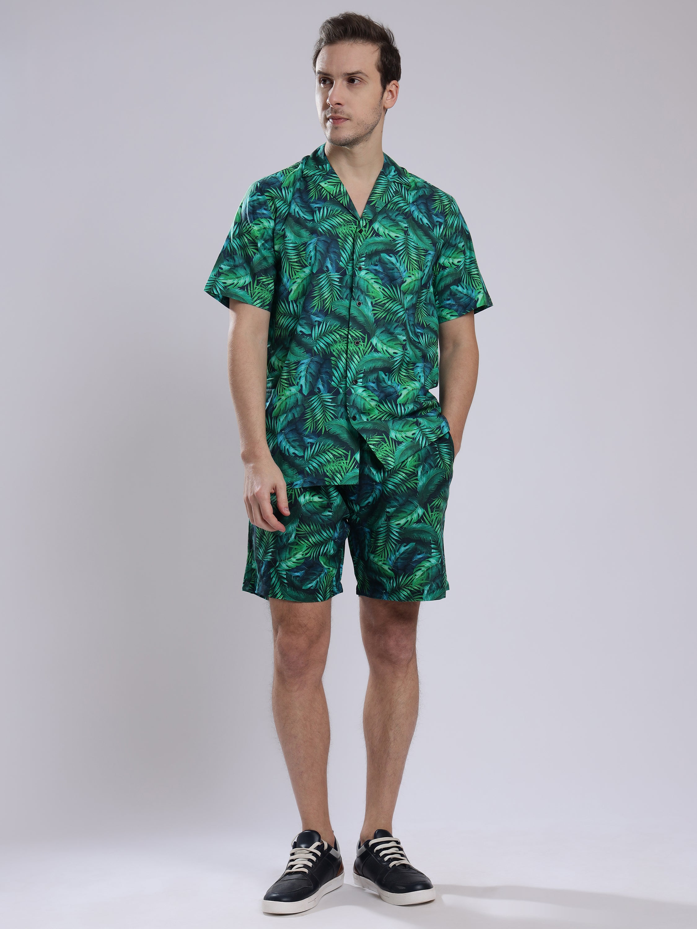 Green Leaf Linen Men's Shorts Co-Ord Set by Brand Black Jack