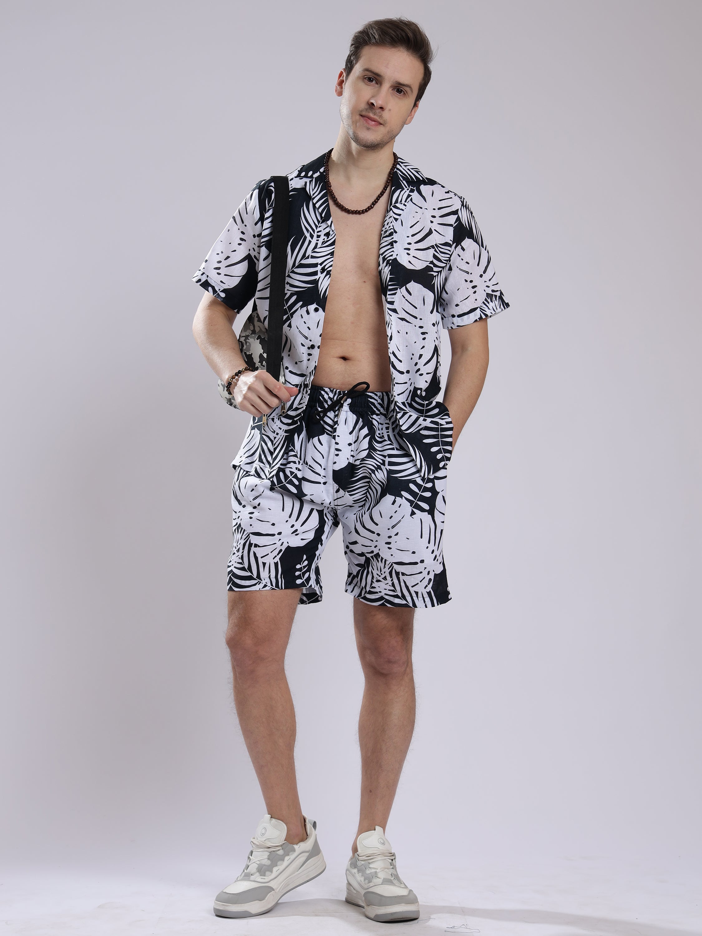 White Leaf Men Unisex Linen Men's Shorts Co-Ord Set by Brand Black Jack