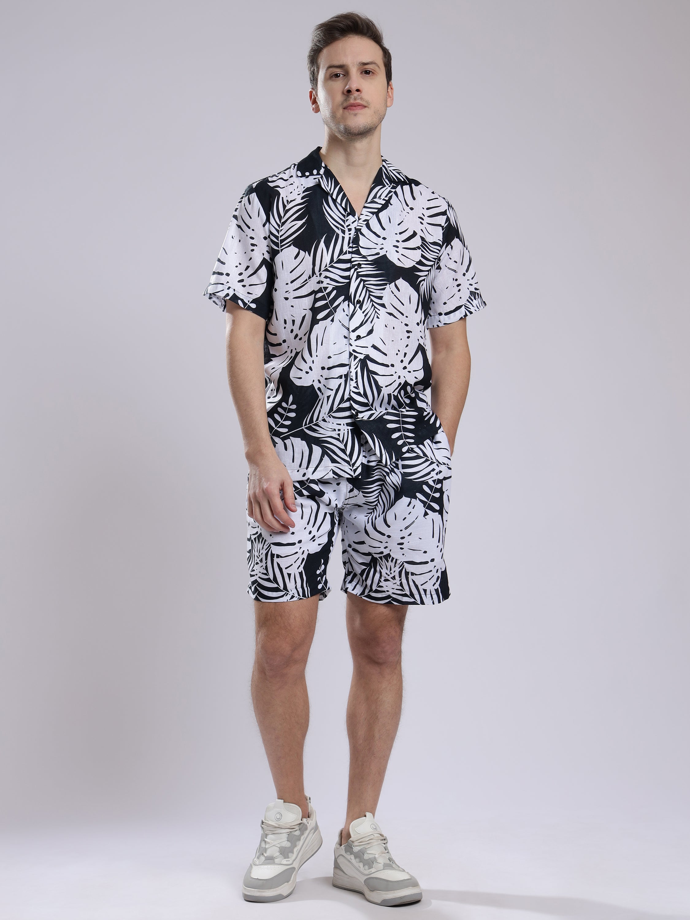 White Leaf Men Unisex Linen Men's Shorts Co-Ord Set by Brand Black Jack
