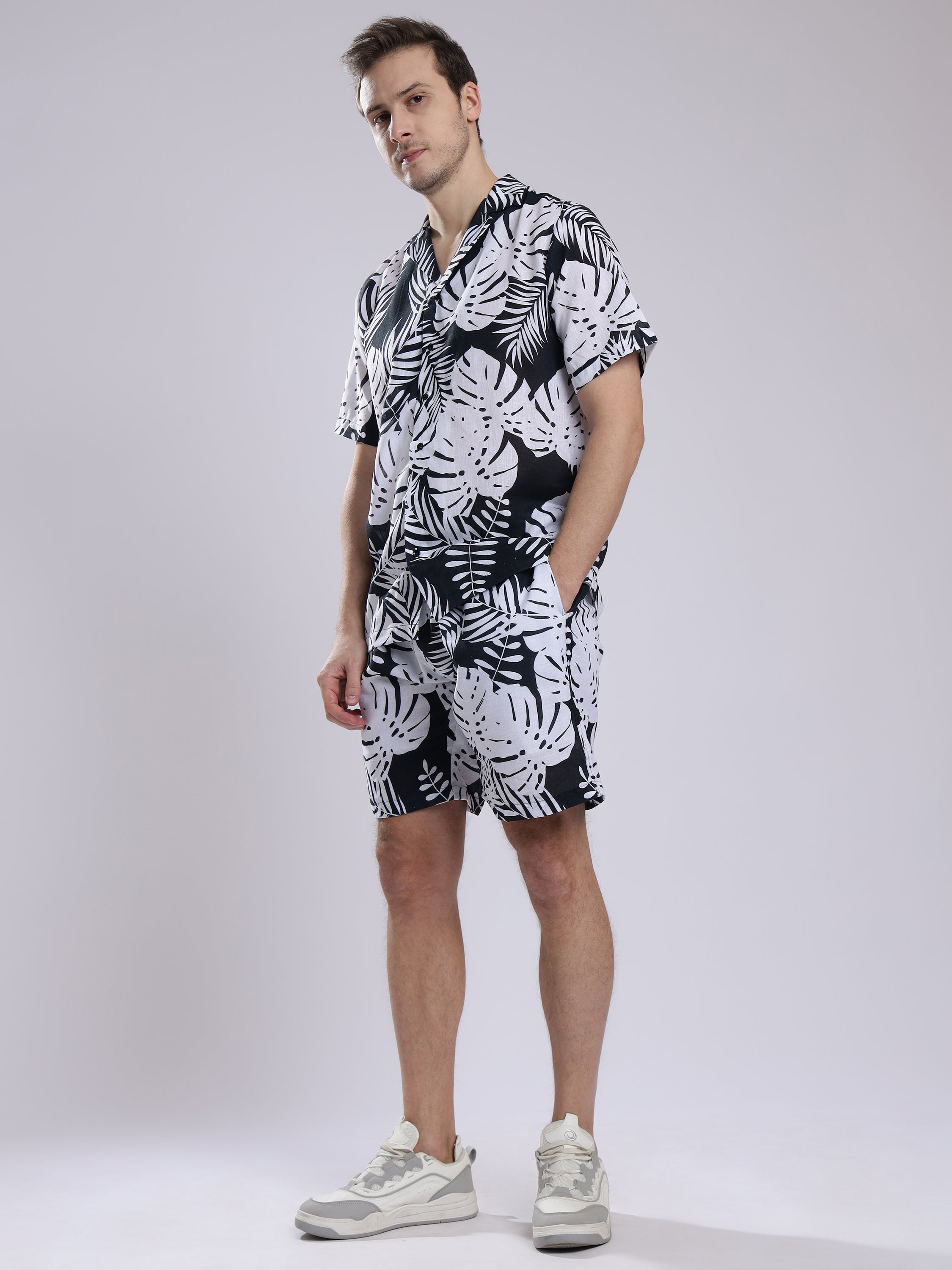 White Leaf Men Unisex Linen Men's Shorts Co-Ord Set by Brand Black Jack