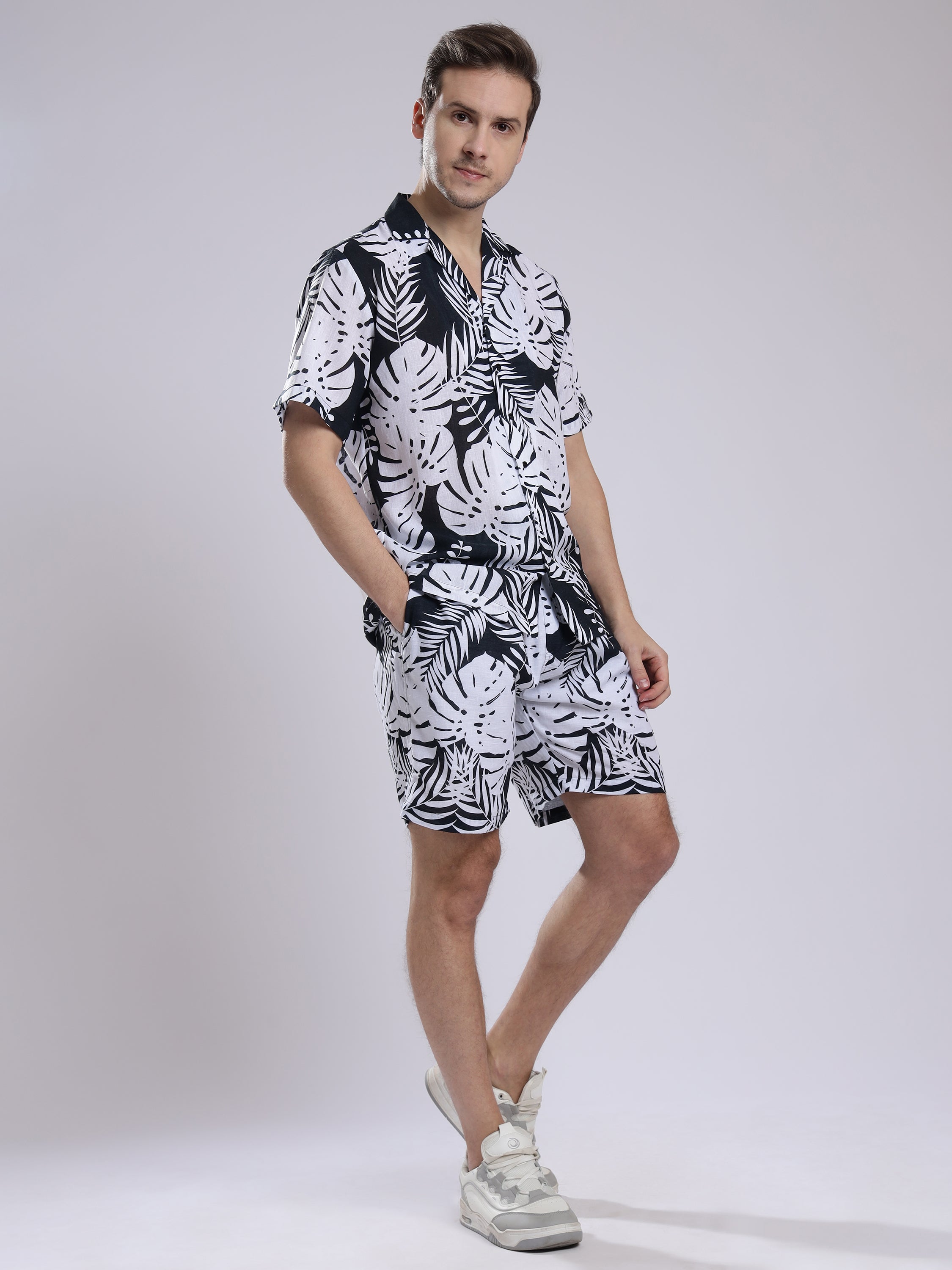 White Leaf Men Unisex Linen Men's Shorts Co-Ord Set by Brand Black Jack