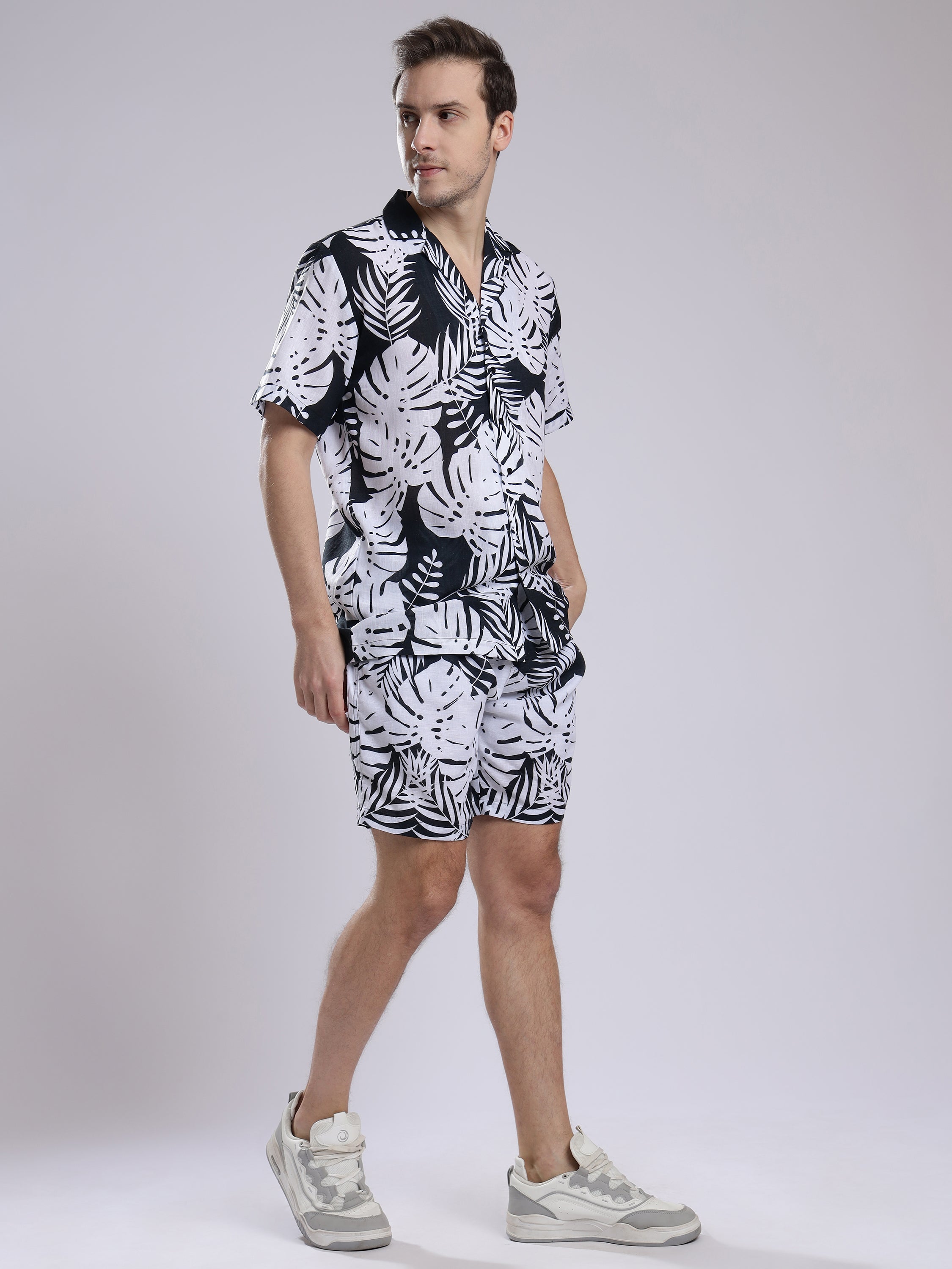 White Leaf Men Unisex Linen Men's Shorts Co-Ord Set by Brand Black Jack