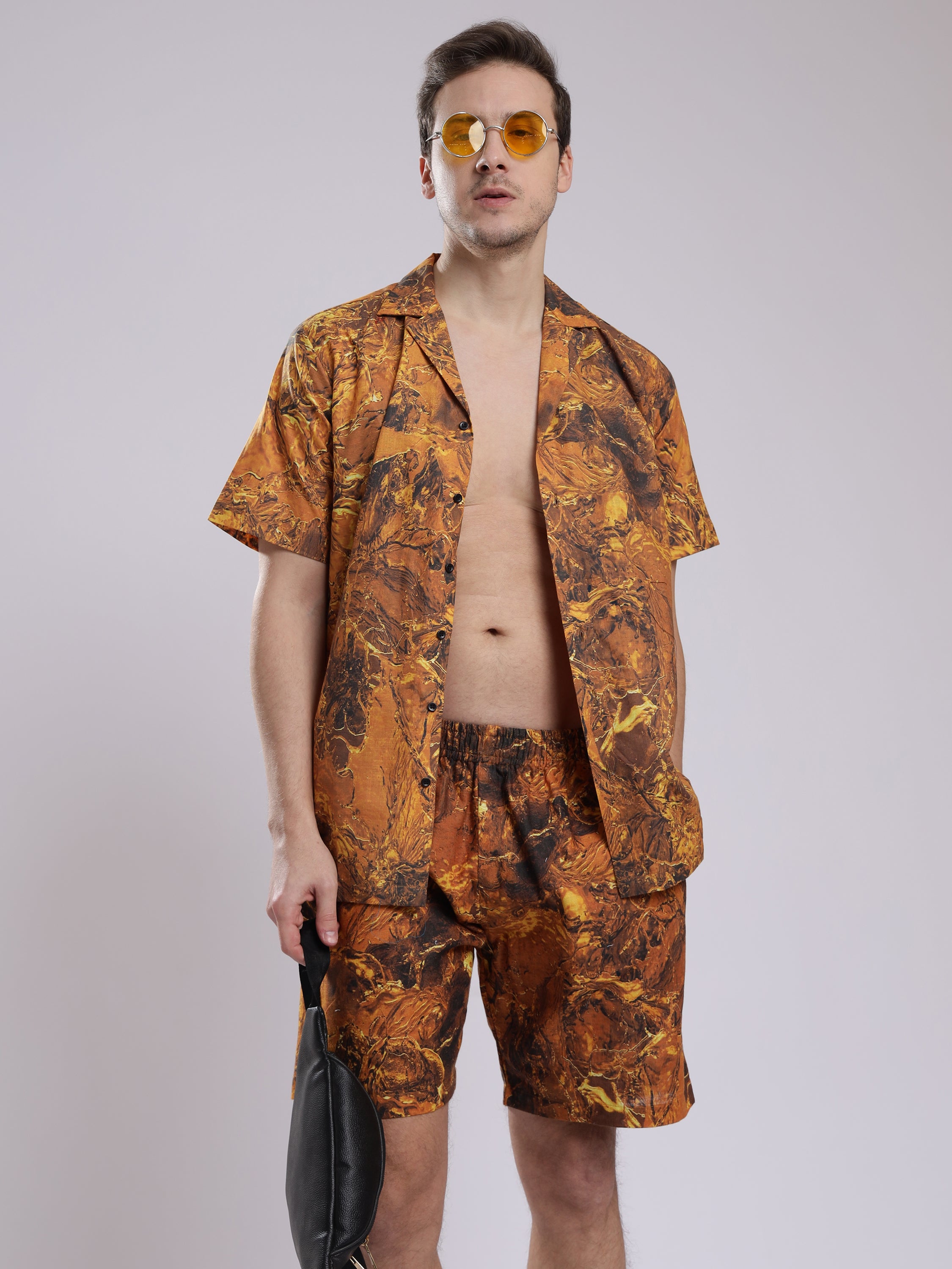 Golden Tie dye Print Linen Men's Shorts Co-Ord Set by Brand Black Jack