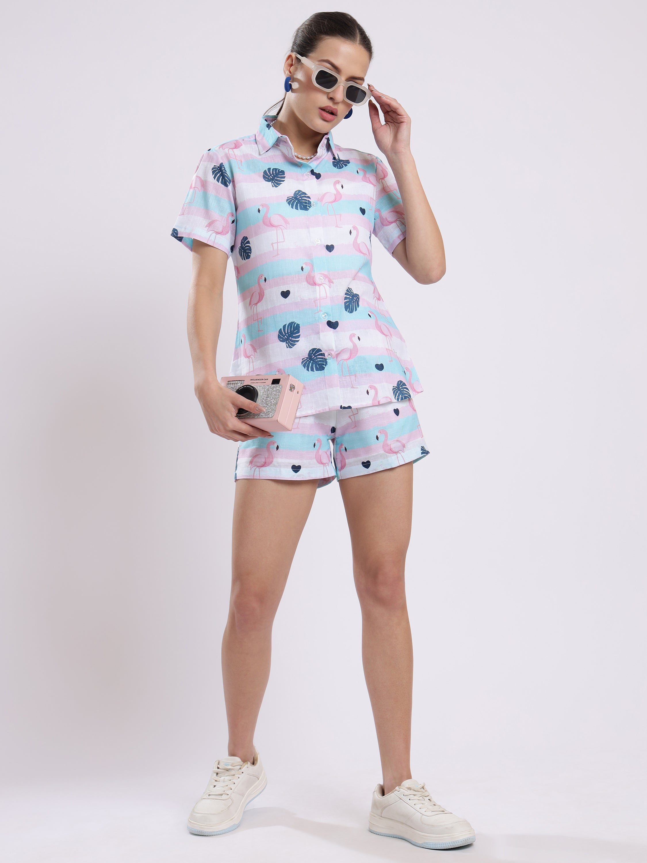 Flamingo Leaf Color Linen Women Shorts Co-Ord Set by Brand Black Jack