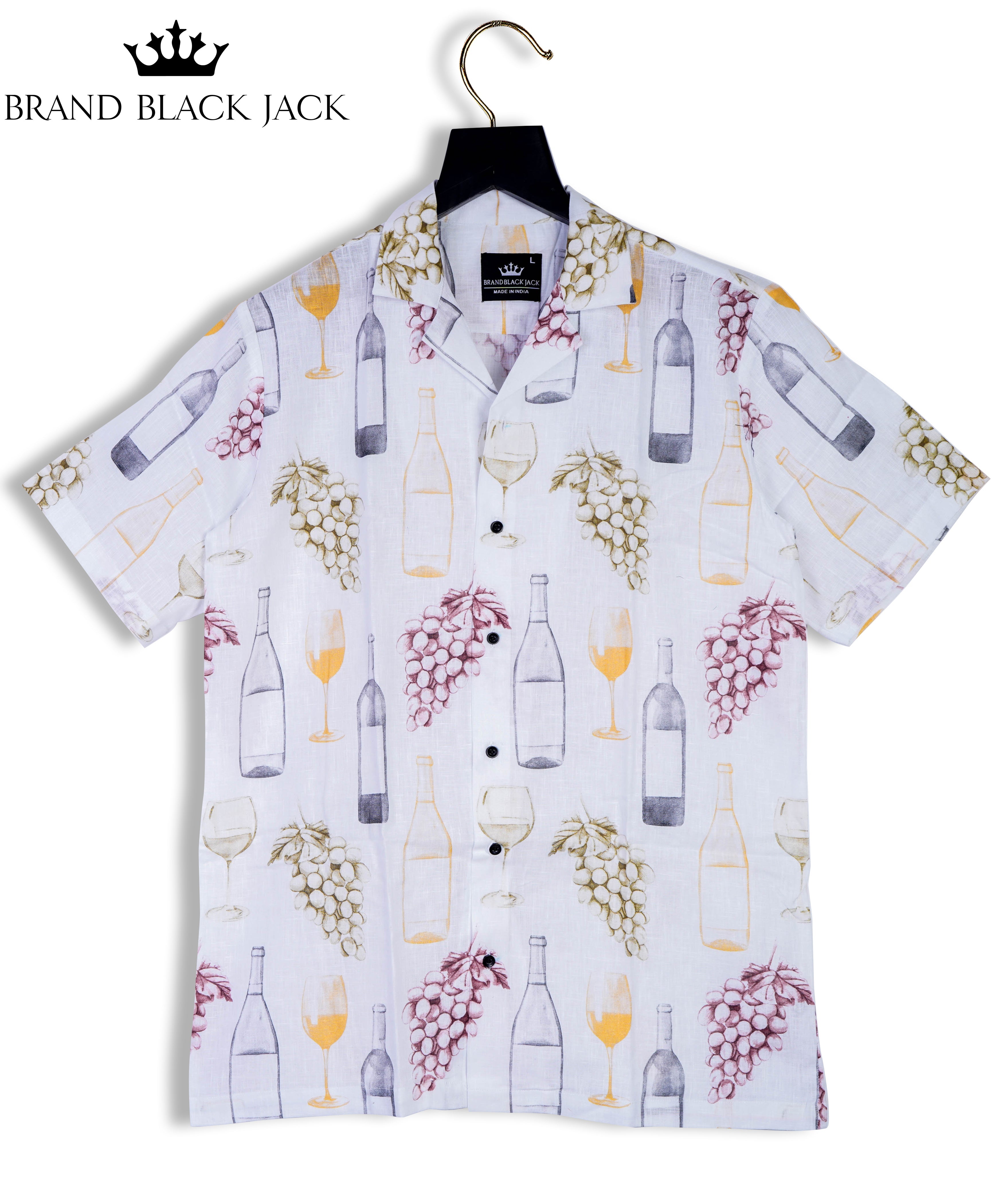 Pure Linen Wine Bottle Cocktail Party Print Cuban Style Mens Shirt by Brand Black Jack