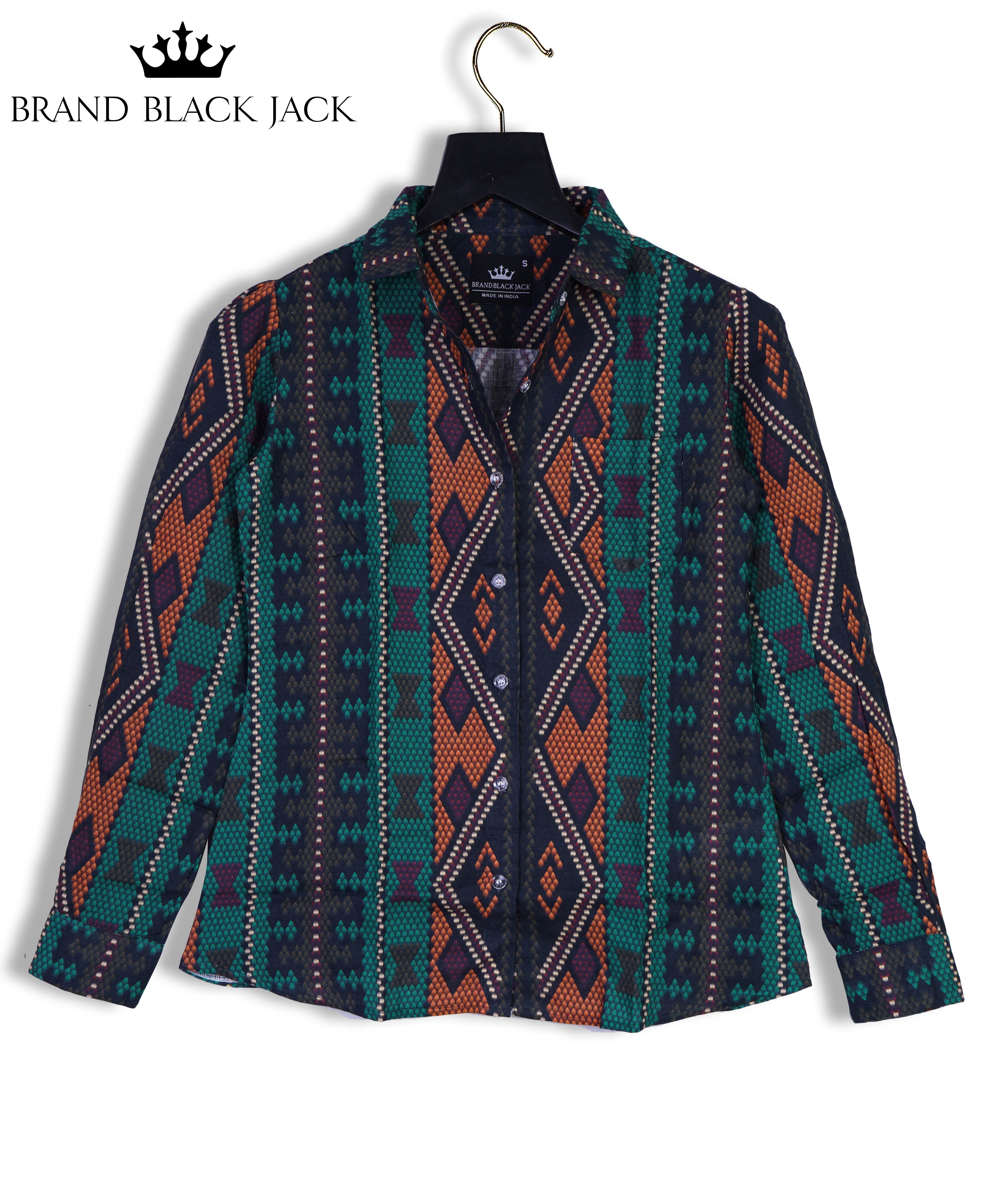 Linen Al-Sadu embroidery bright, multicolor oriental ornaments Full Sleeve Printed Shirt By Brand Black Jack