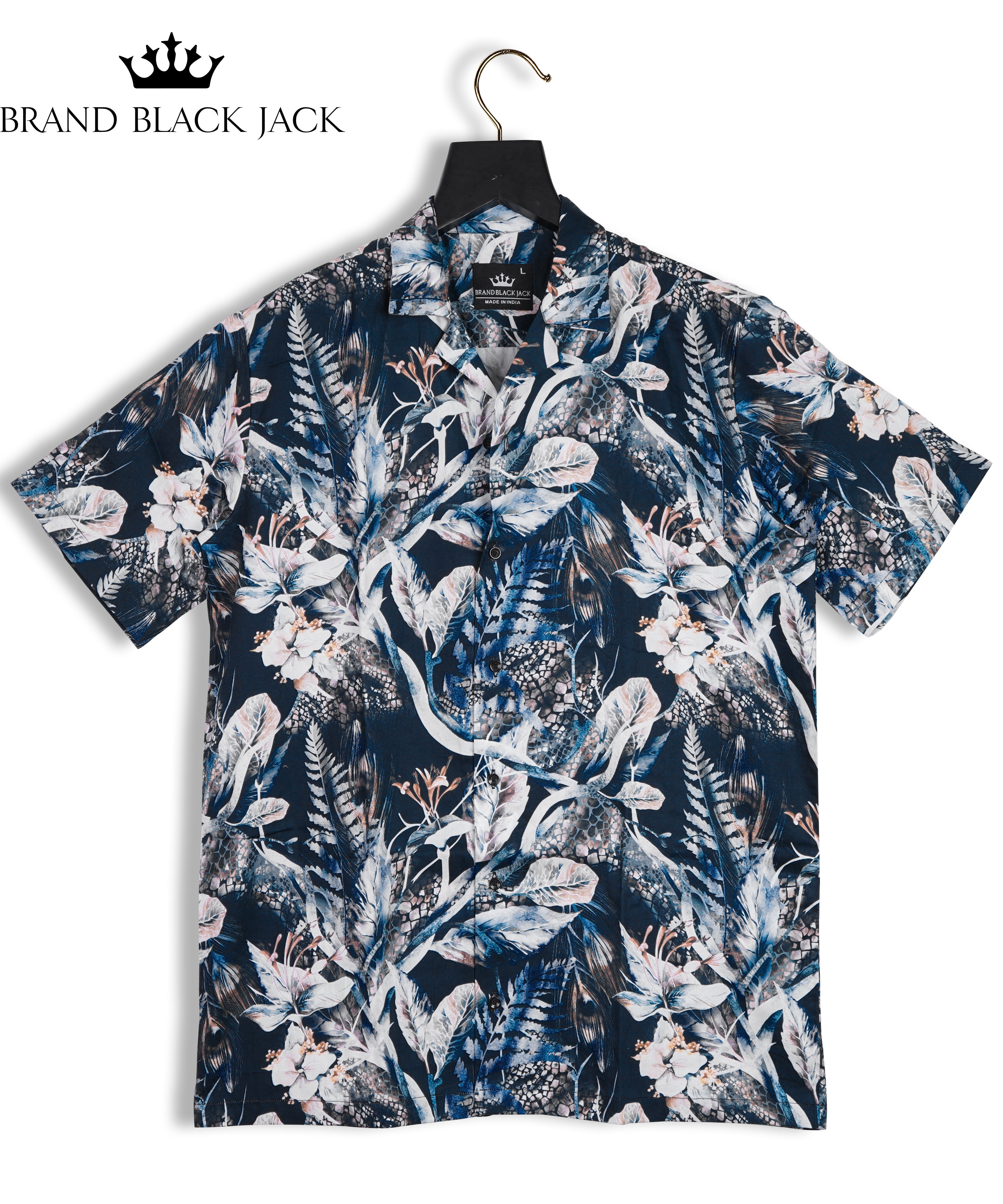 Pure Cotton Leaf and Floral Navy Blue Color Printed Shirt By Brand Black Jack