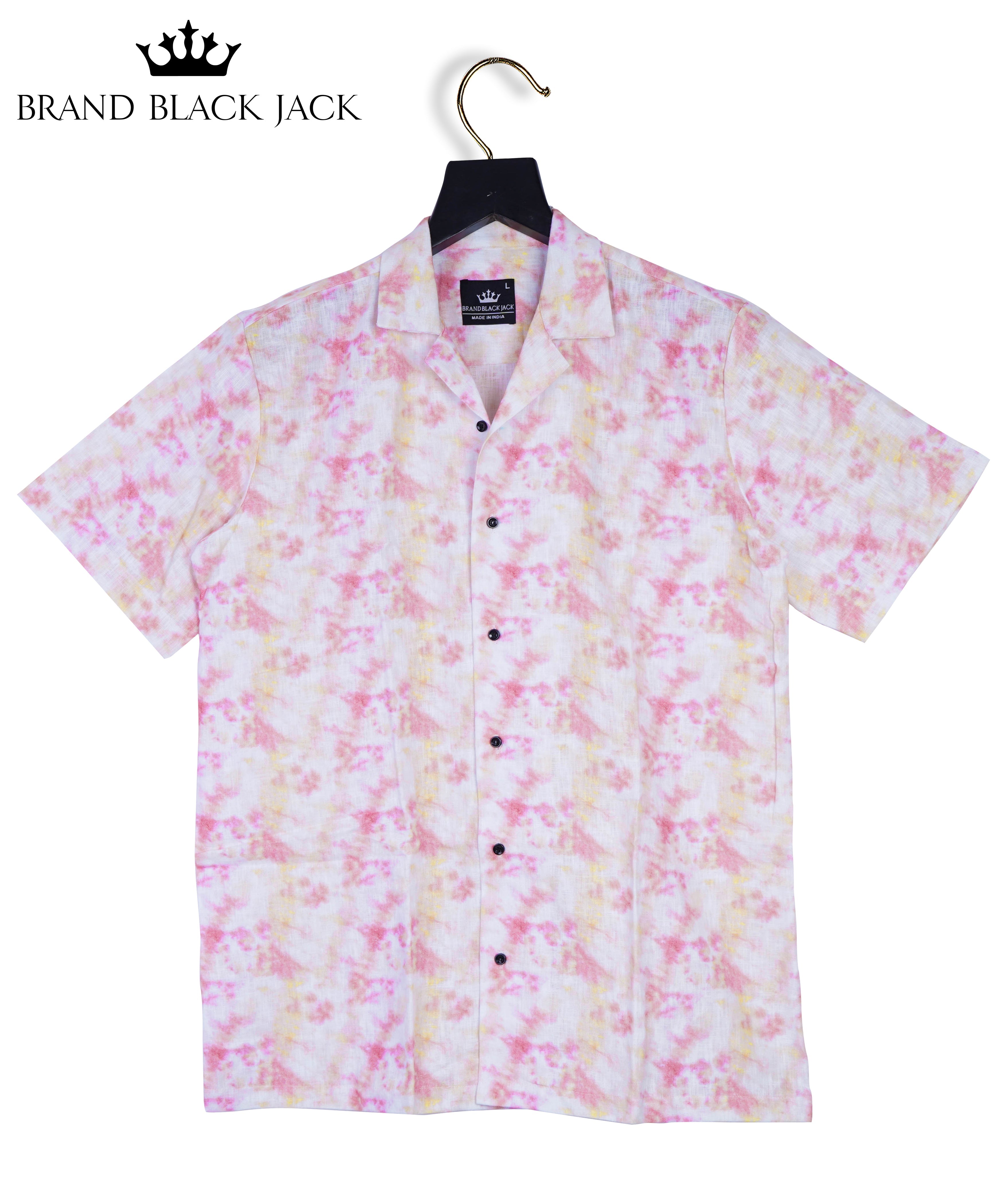 Pure Linen Colorfull Tie Die Pink Yellow Smoke Print Men Full Sleeve Shirt By Brand Black Jack
