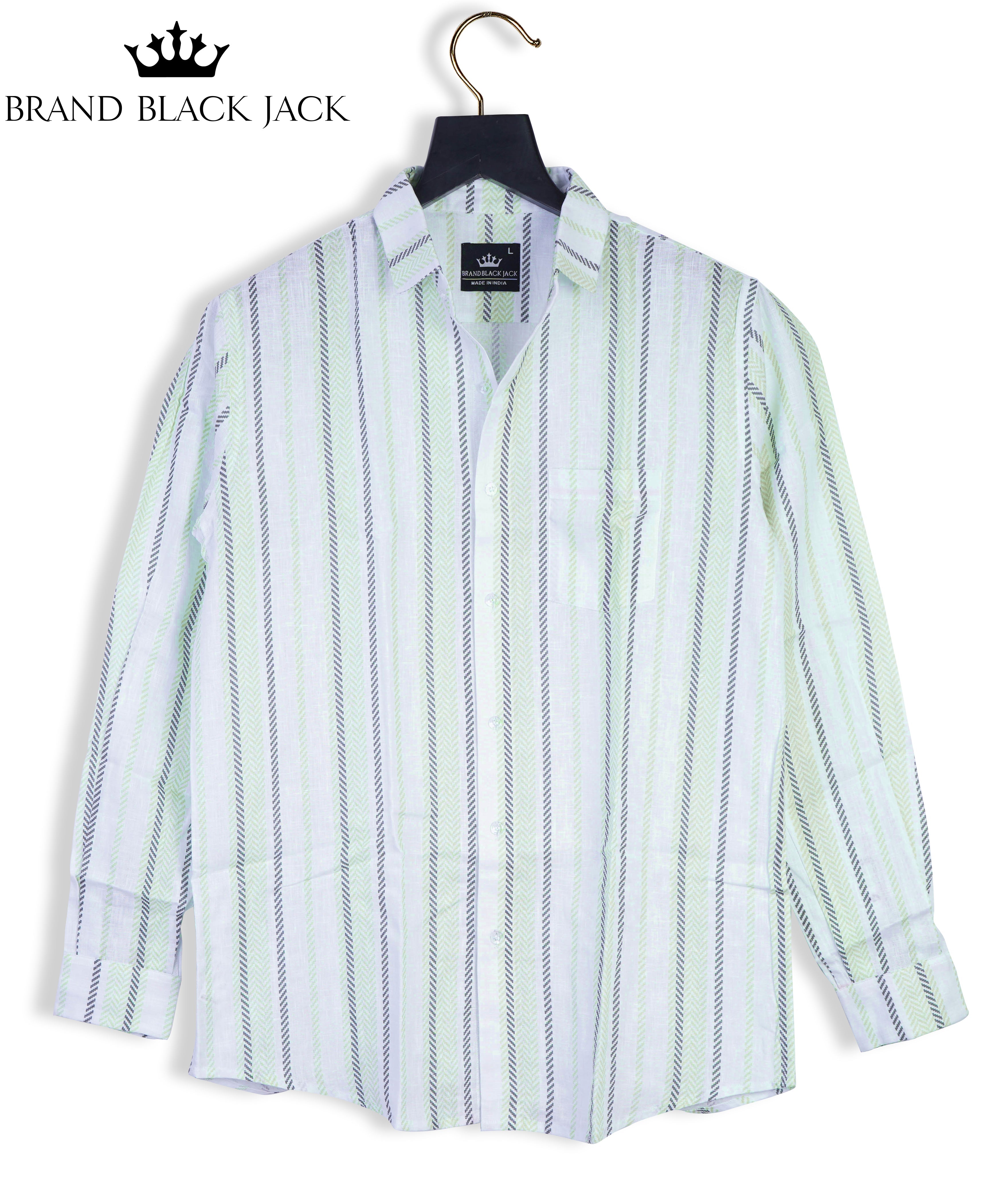 Pure Linen Light Green And Gray Beautiful Combination Striped Shirt For Men By Brand Black Jack