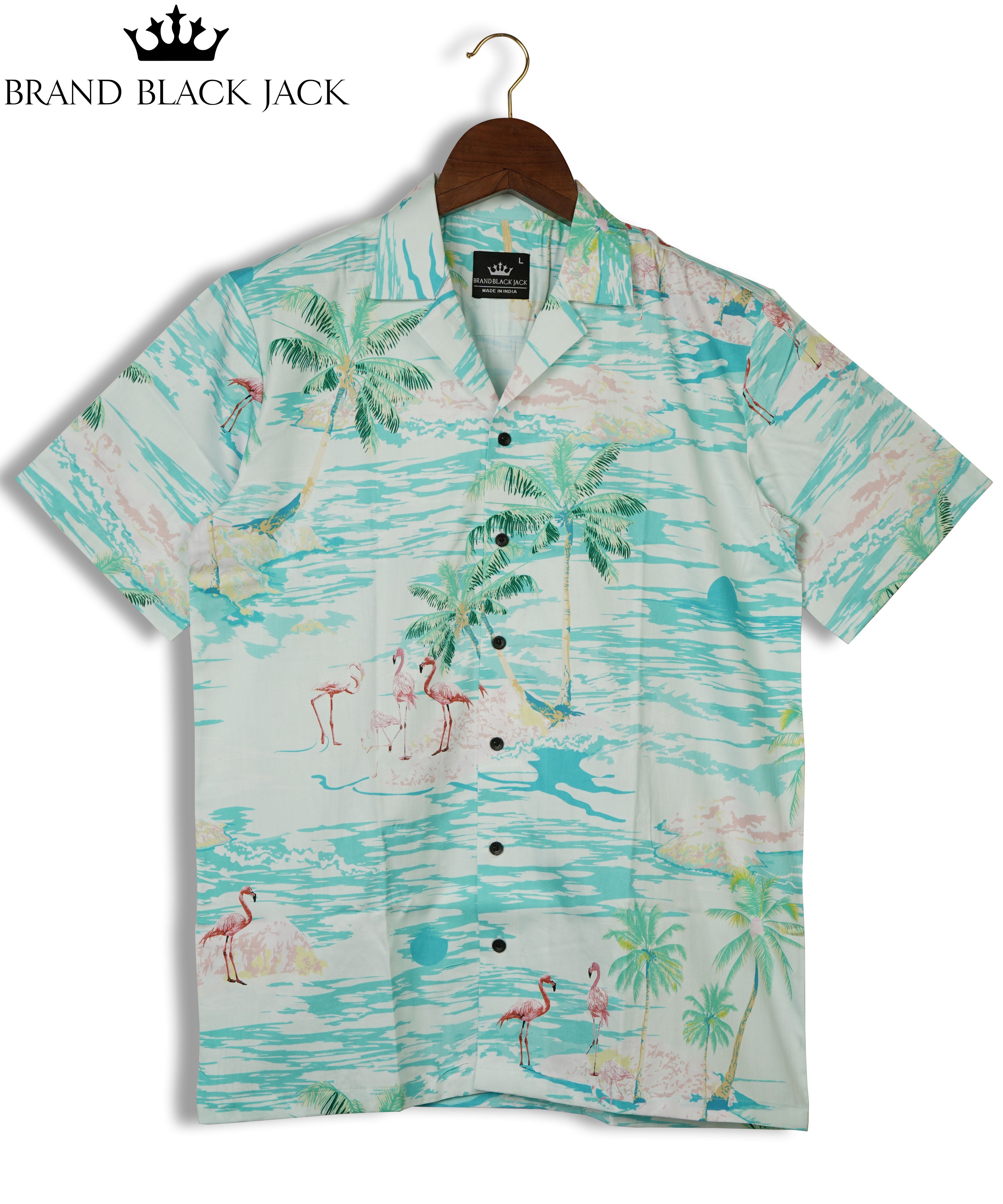 Flamingo Island Print On Green Pastel Color With Plam, Sunset Cuban Pure Cotton Mens Printed Shirt