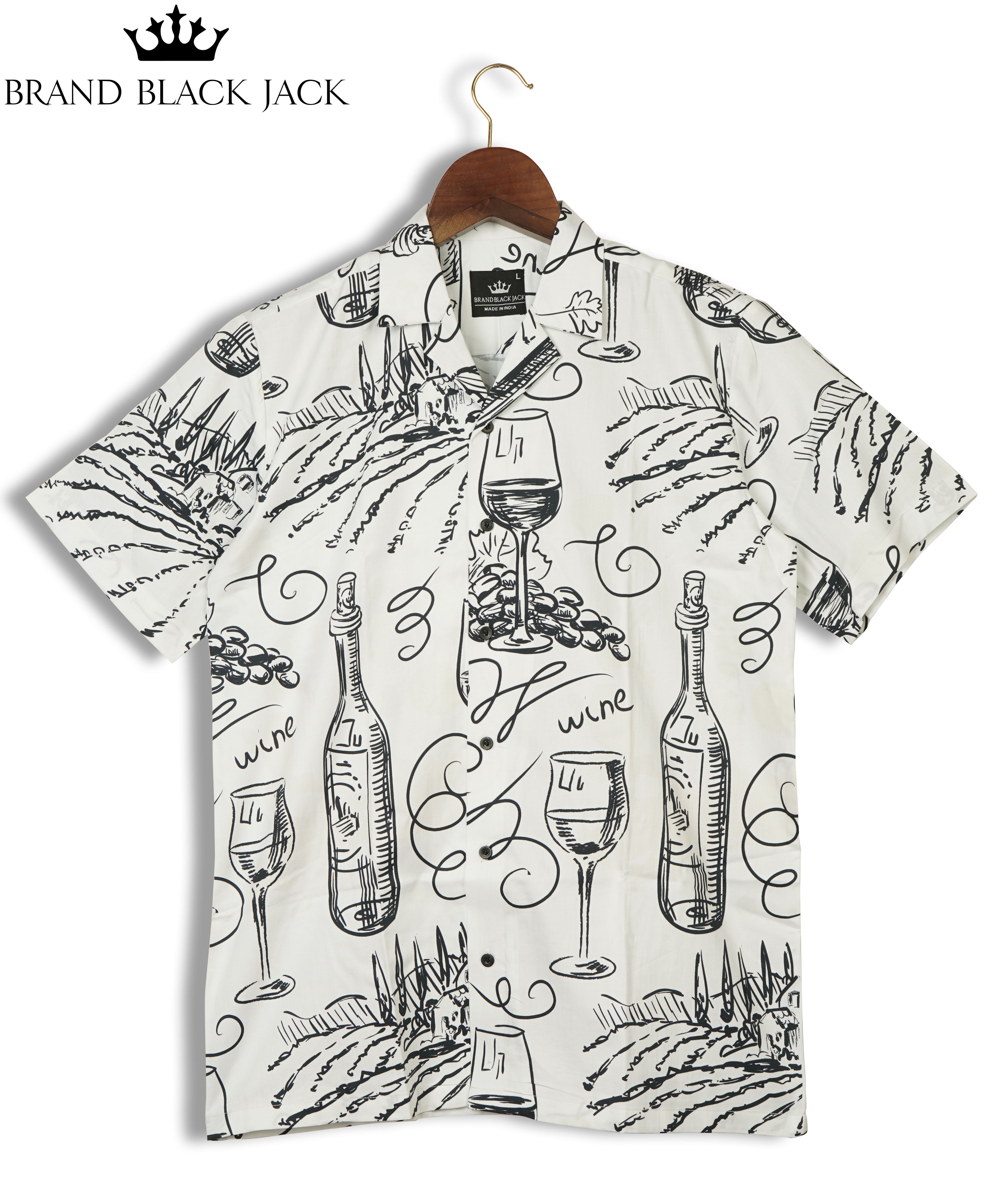 Vintage Wine Bottle Printed Shirt for Men – 100% Giza Cotton | Cuban Collar Hand-Drawn Design by Black Jack
