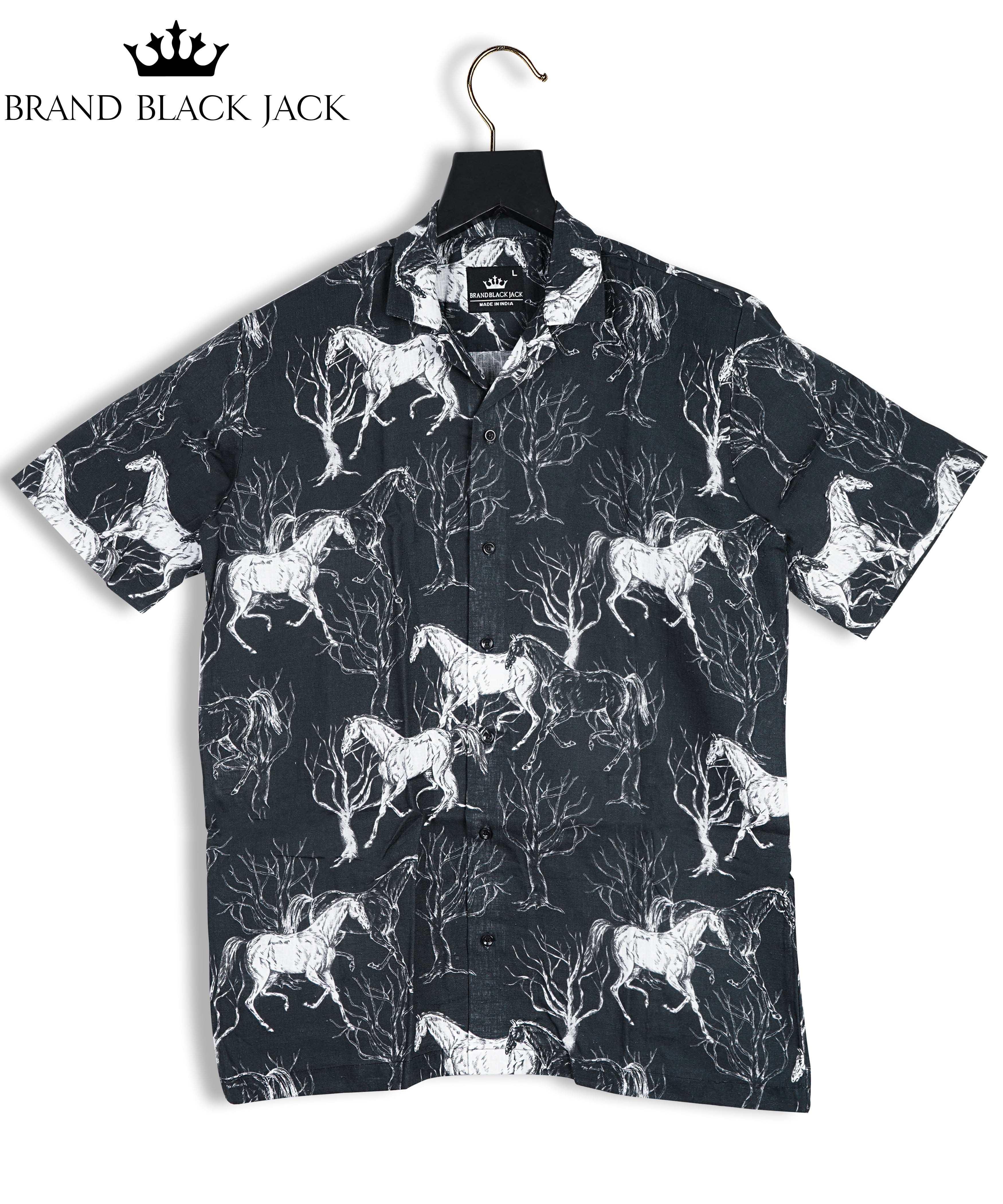 Pure Linen Black Running Horse Printed Shirt For Man By Brand Black Jack