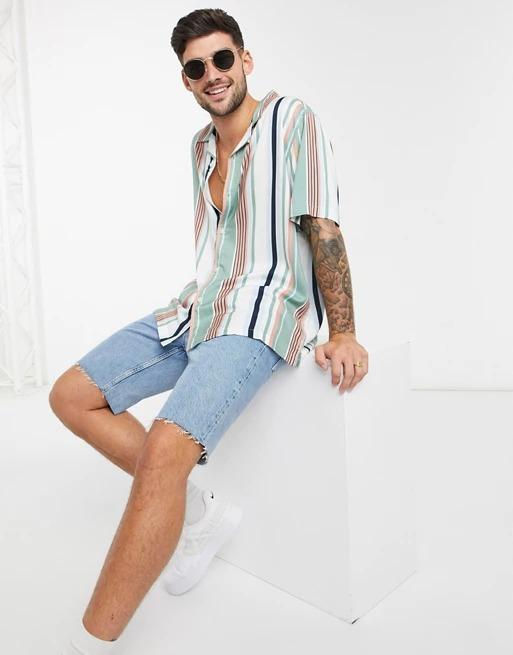 Mens Premium Cotton Short Sleeve Striped Revere Shirt by Brand Black Jack