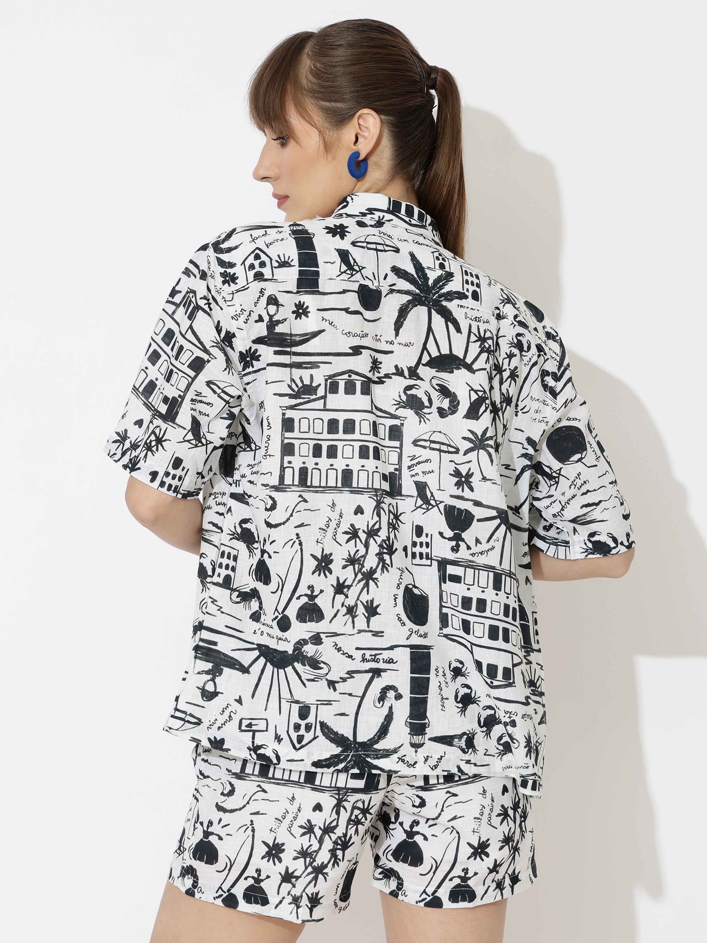 Women’s Summer Co-Ord Set – Tropical Fruit Print Shirt & Shorts | Linen Cotton Two Piece Set by Black Jack