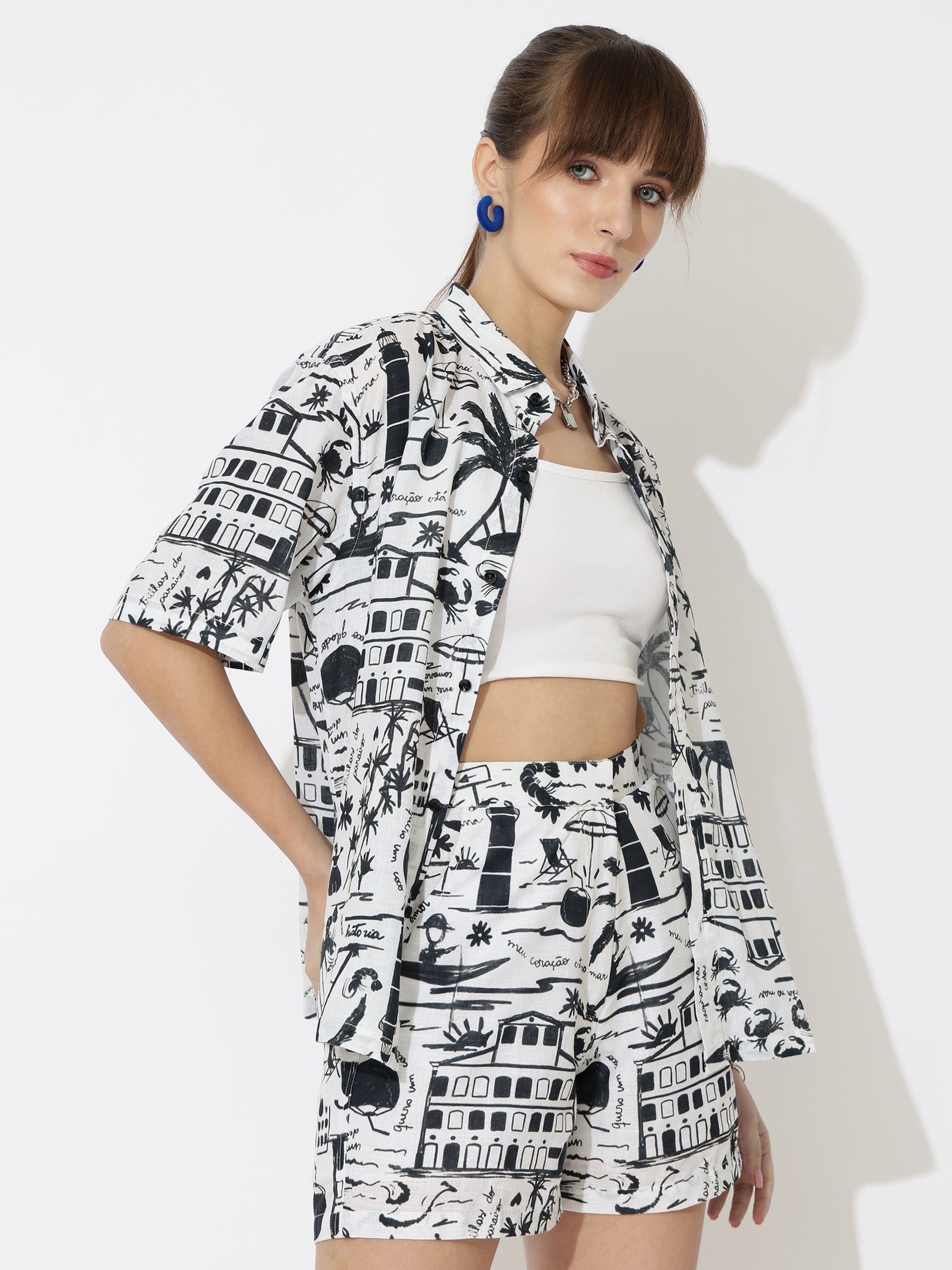 Women’s Summer Co-Ord Set – Tropical Fruit Print Shirt & Shorts | Linen Cotton Two Piece Set by Black Jack