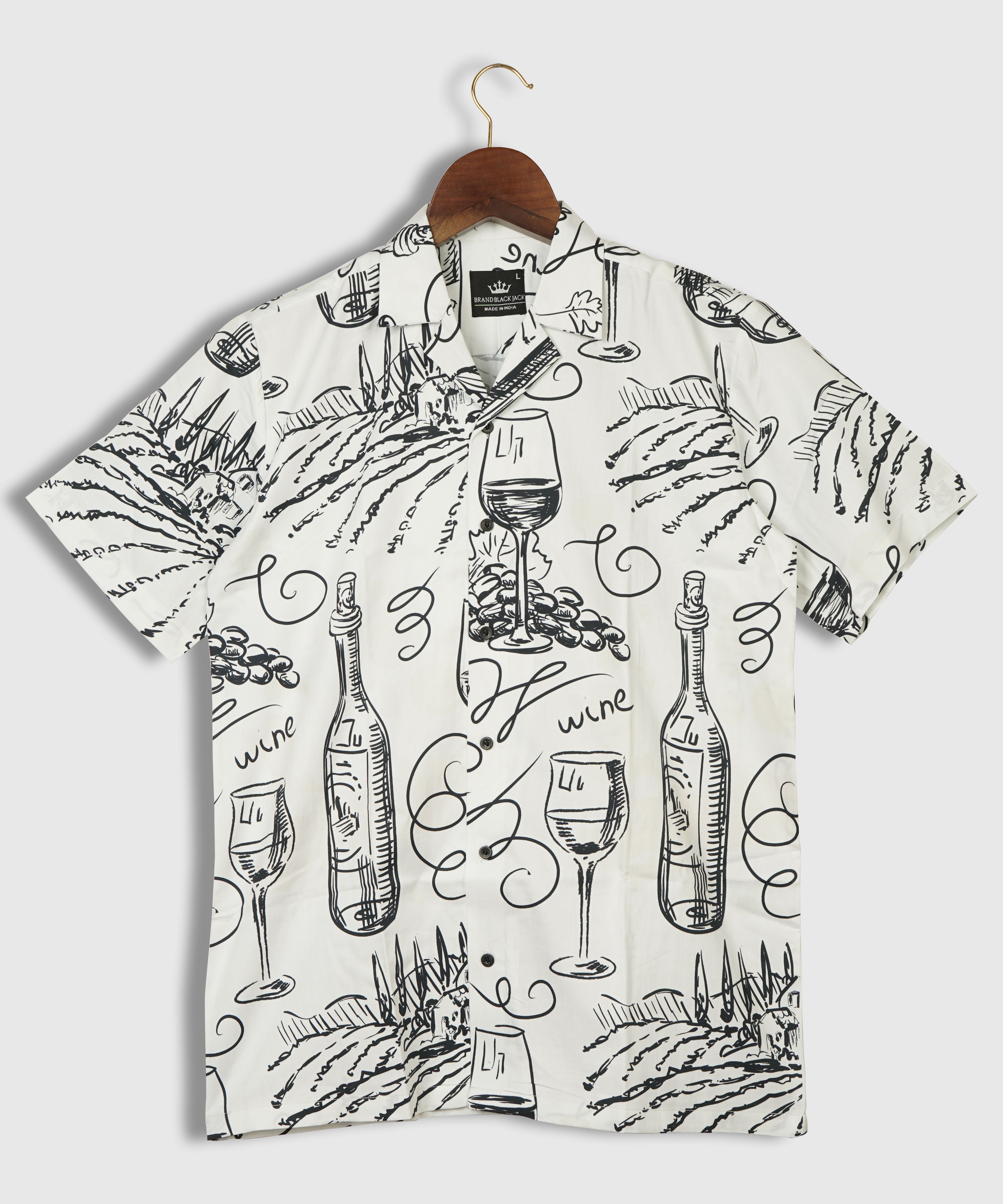 Vintage Wine Bottle Printed Shirt for Men – 100% Giza Cotton | Cuban Collar Hand-Drawn Design by Black Jack