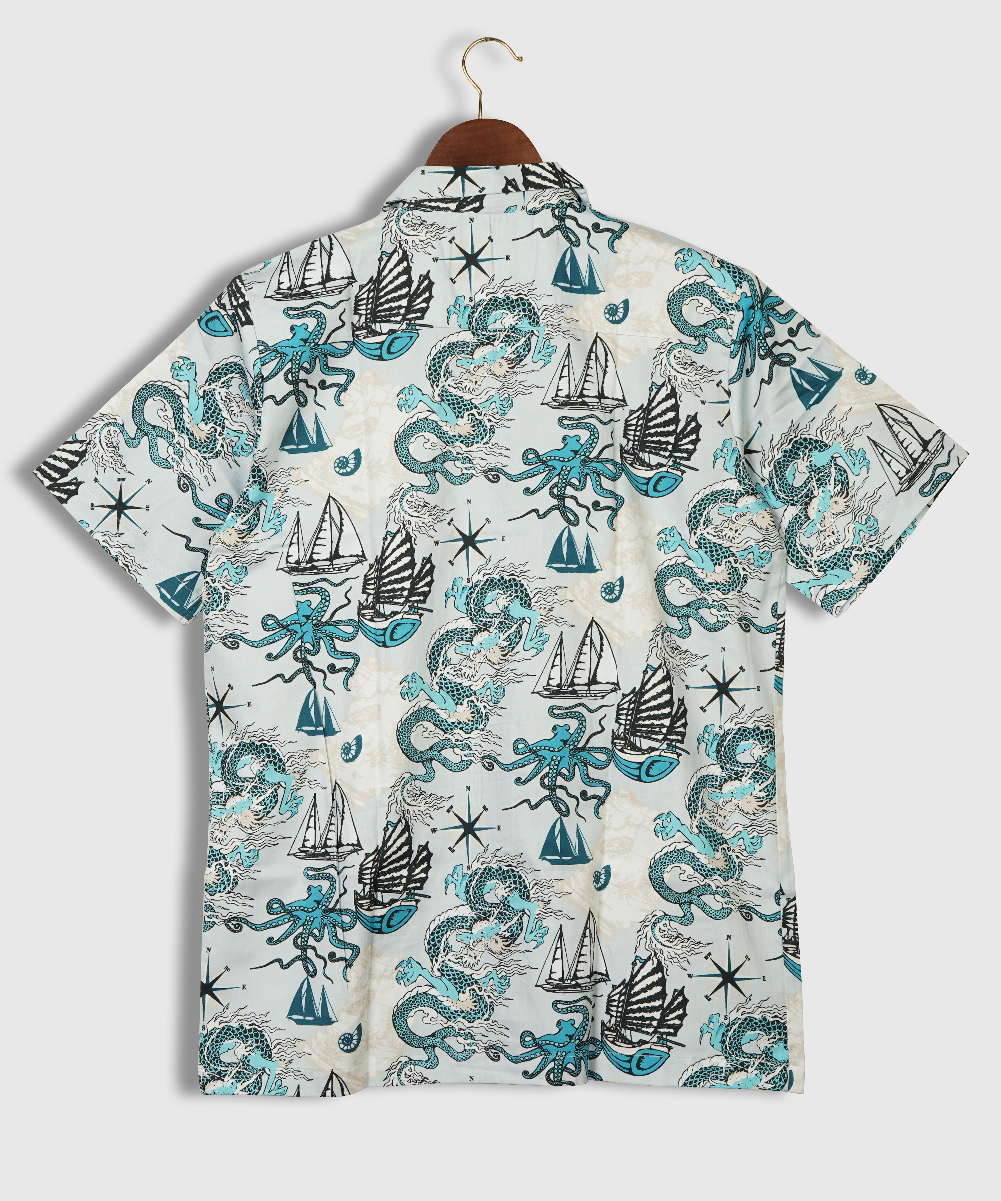 Pattern of Asian Dragon, Octopus and Sea Voyages Mens Printed Premium Cotton Shirt by Black Jack