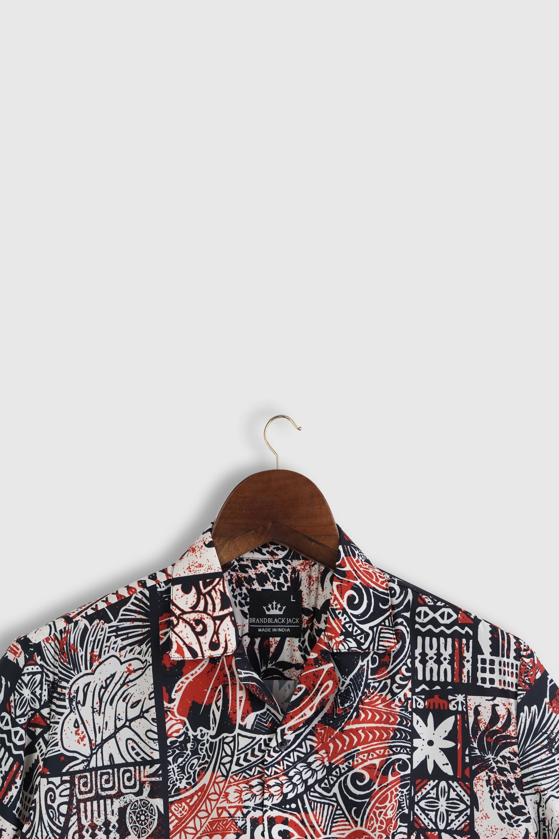 Hawaiian Hibiscus and Tribal Patchwork Abstract Vintage Printed Mens Shirt by Black Jack