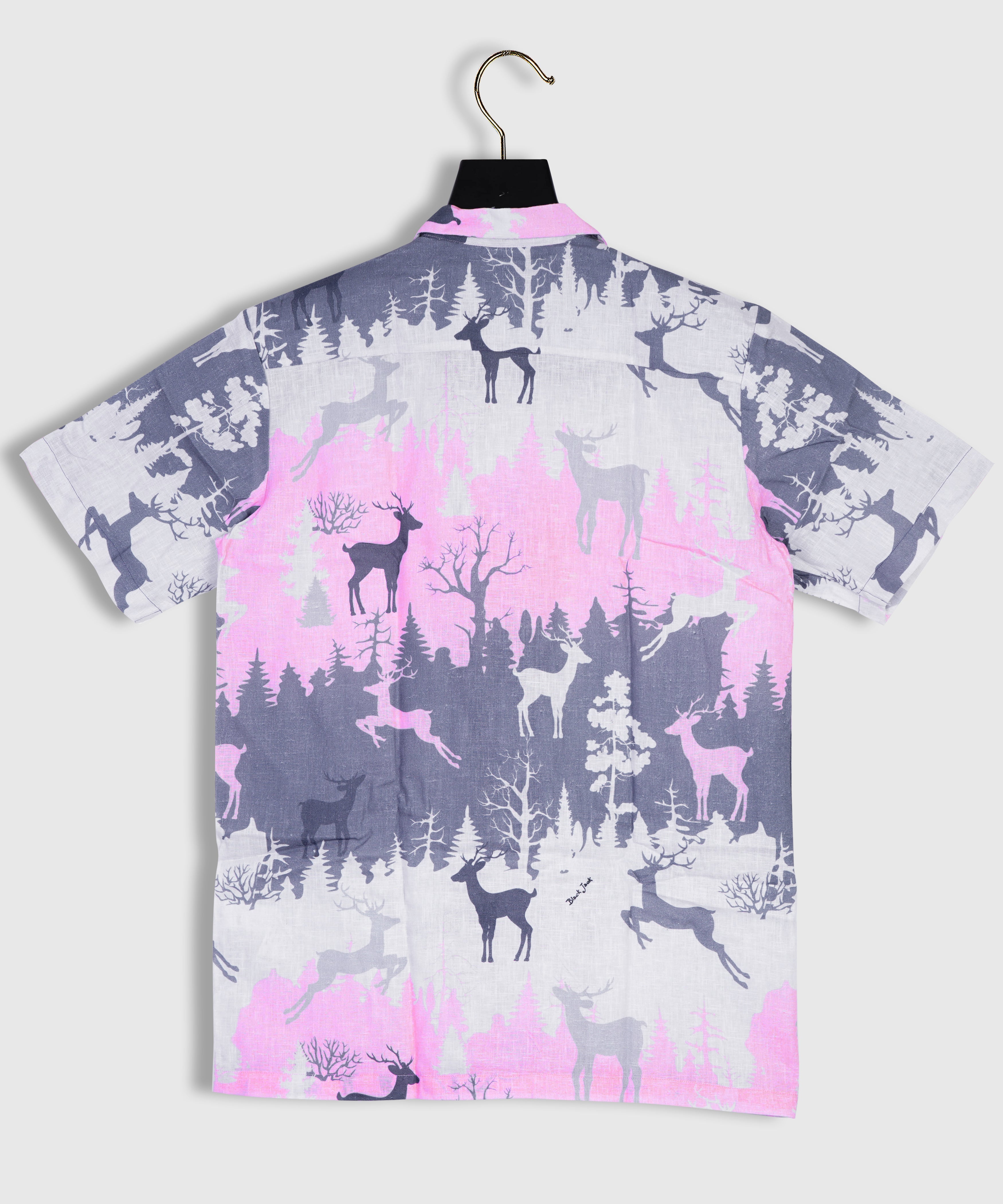Winter Seamless Pattern with Silhouettes of Deer, Forest and Trees on a Pink, Gray and Lilac Linen Shirts By Brand Black Jack