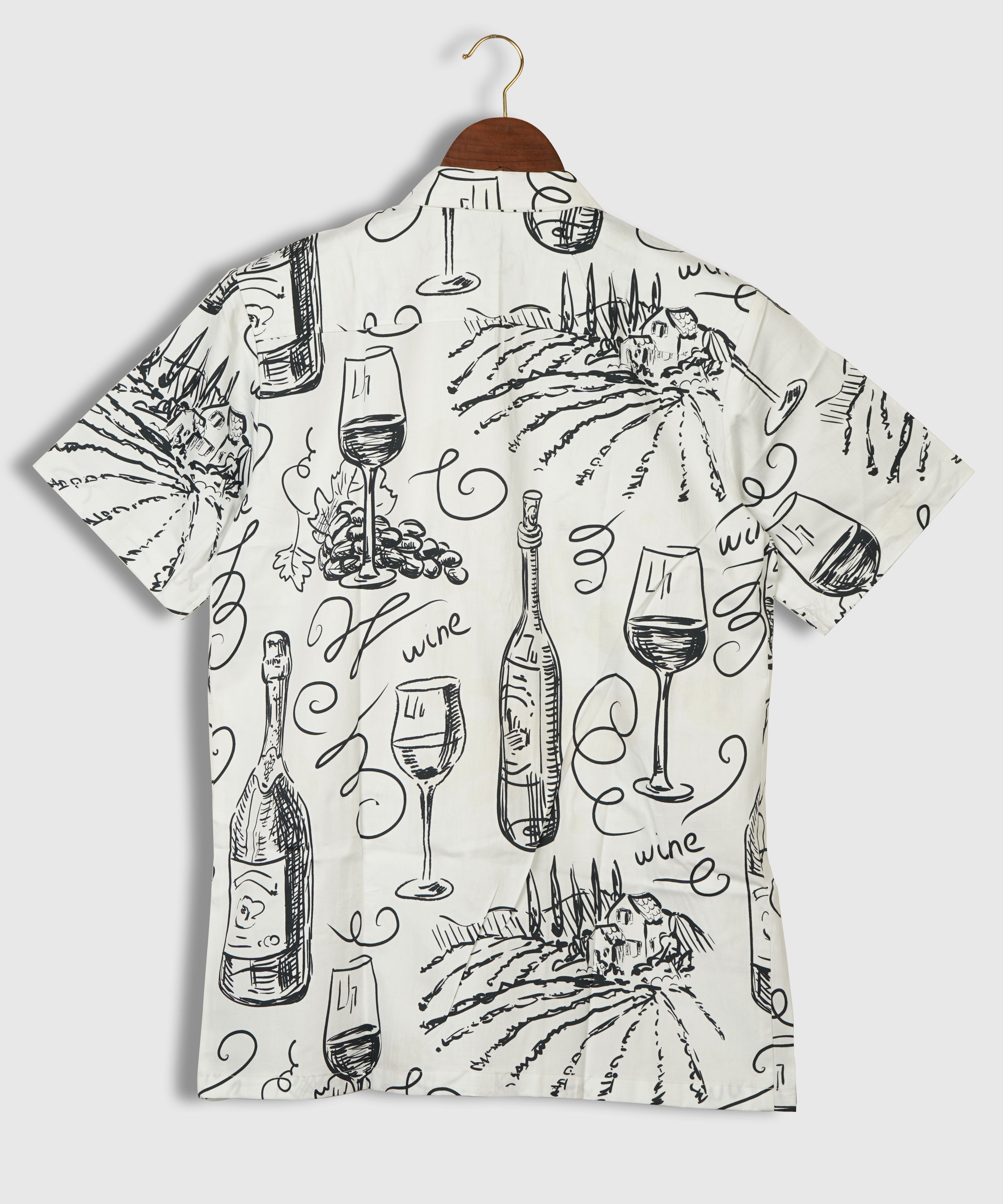 Vintage Wine Bottle Printed Shirt for Men – 100% Giza Cotton | Cuban Collar Hand-Drawn Design by Black Jack
