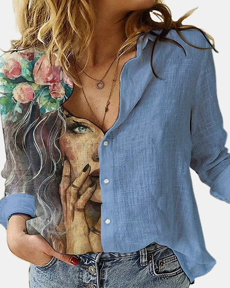 Women’s Blue Linen Shirt with Artistic Face Print – Long Sleeve Lightweight Casual Top