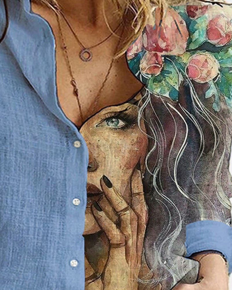 Women’s Blue Linen Shirt with Artistic Face Print – Long Sleeve Lightweight Casual Top