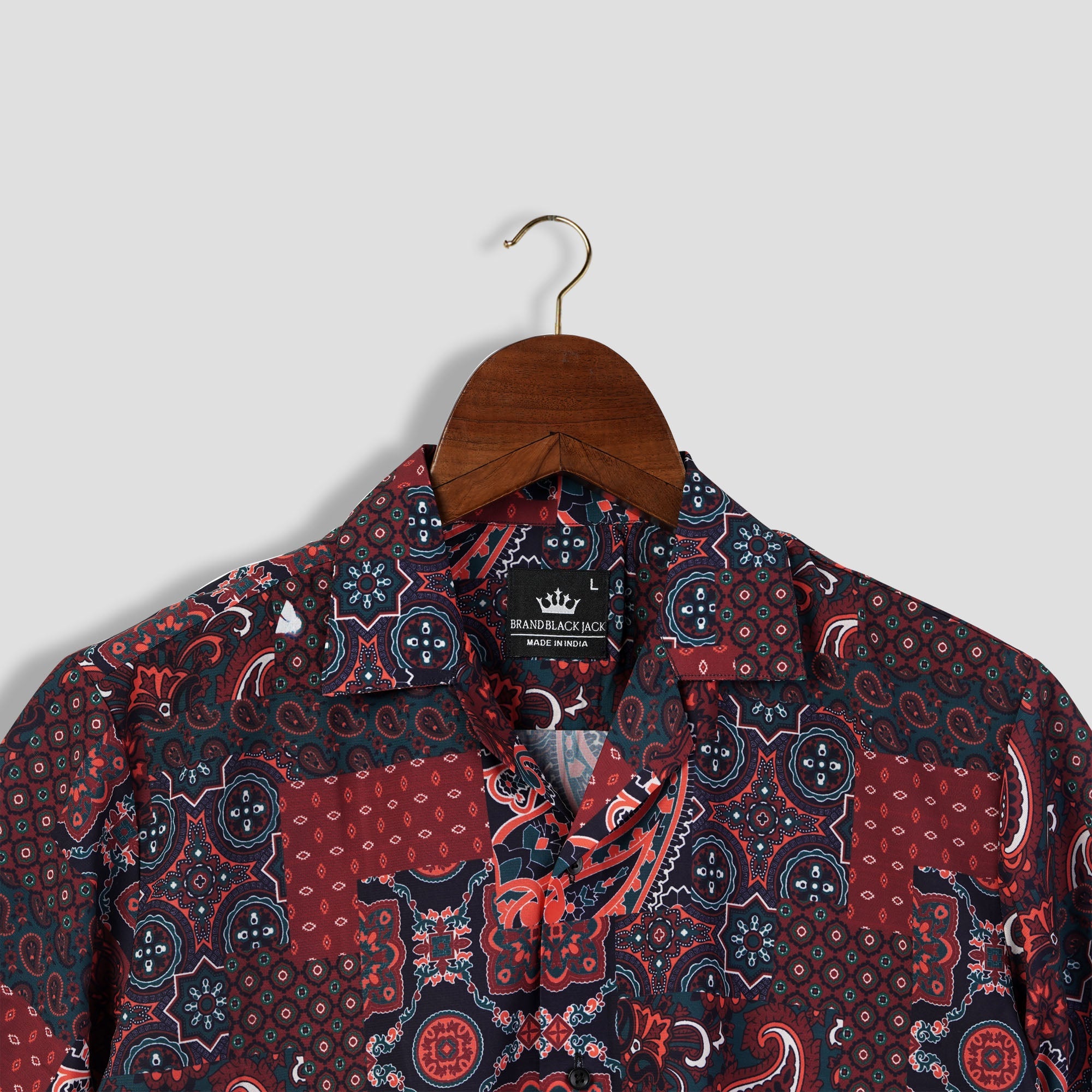 Cashmere Paisley Patchwork Abstract Pattern Cuban Style Mens Printed Shirt by Black Jack