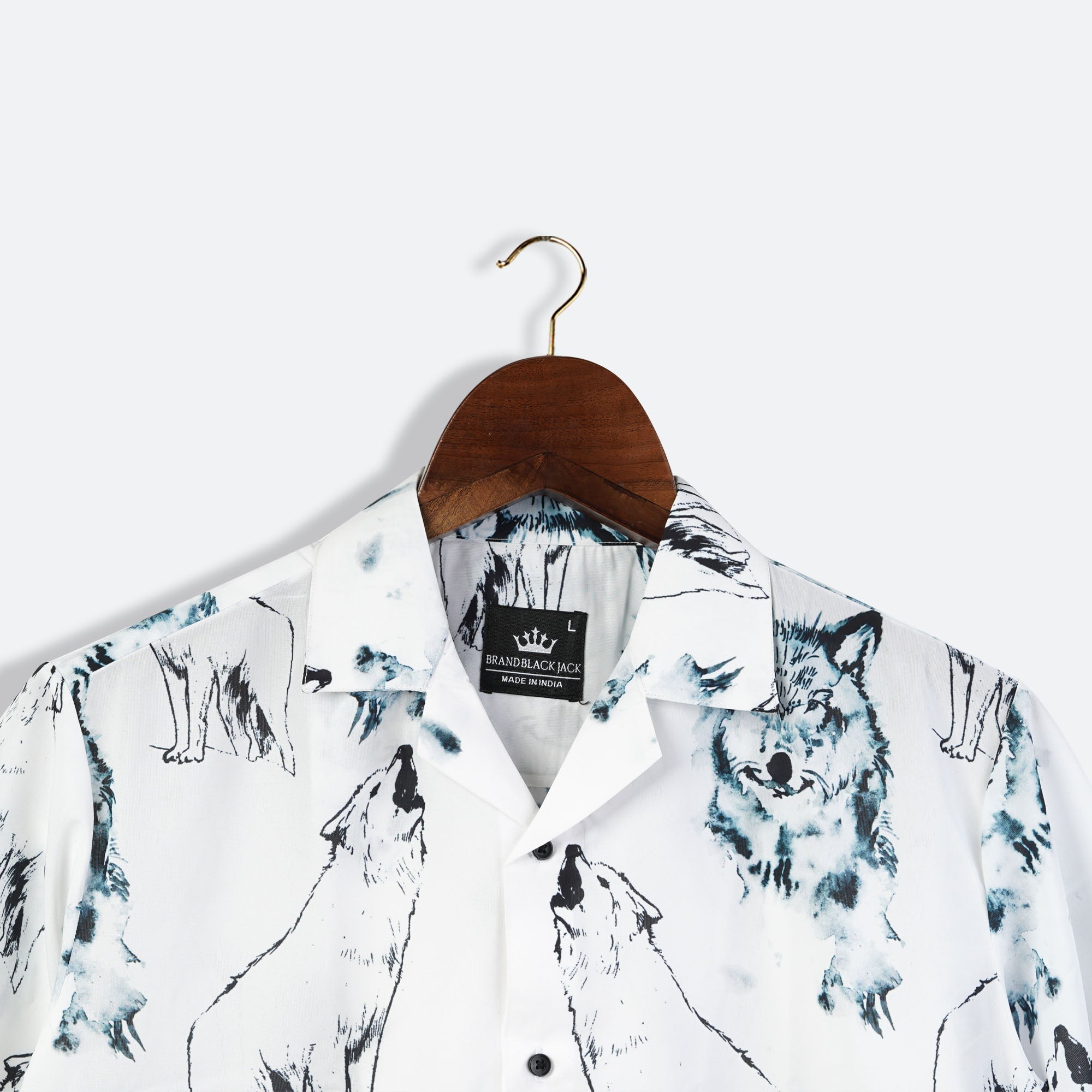 Wolfs Water Color Patteran Cuban Collar Mens Printed Shirts by Black Jack