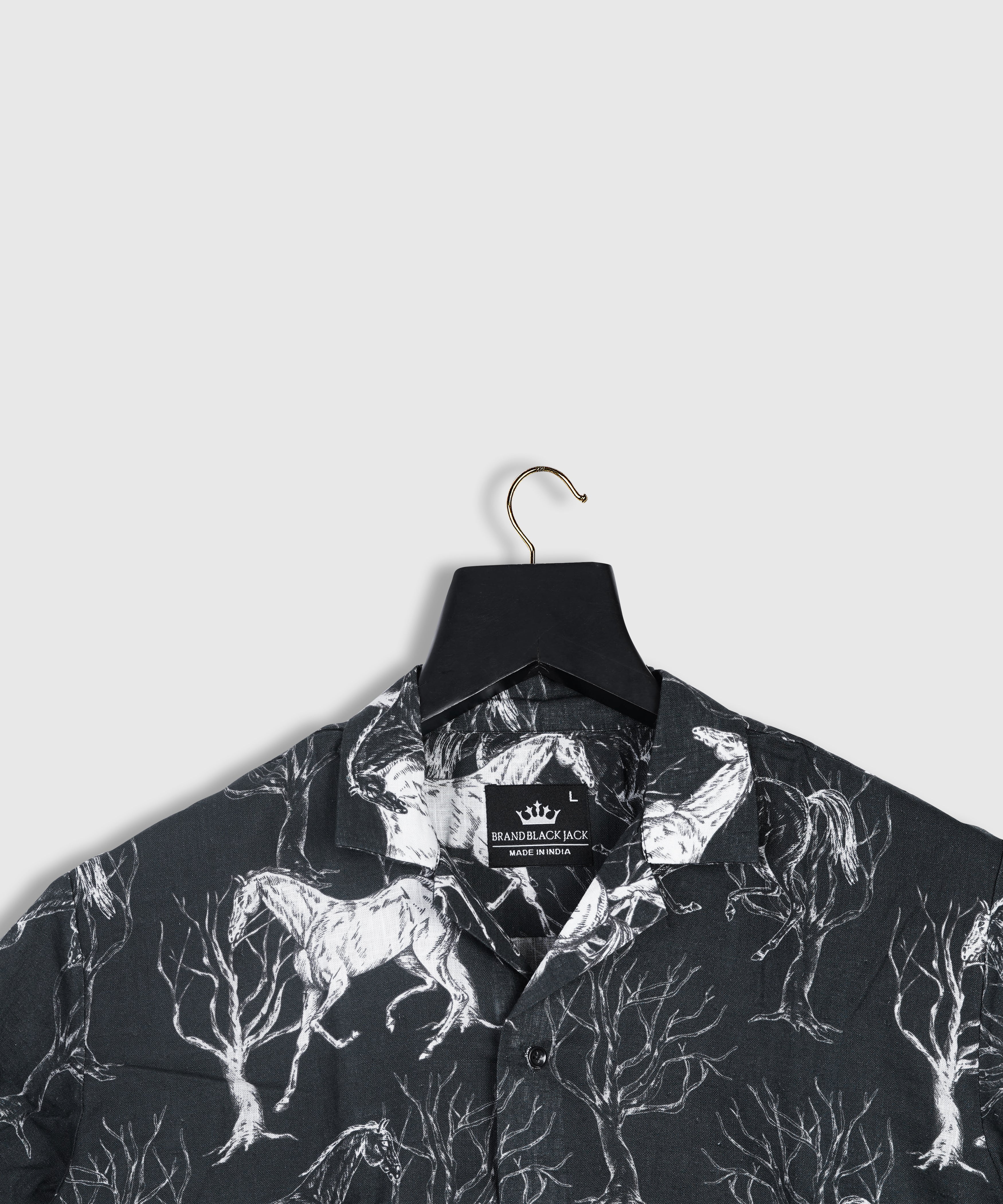 Pure Linen Black Running Horse Printed Shirt For Man By Brand Black Jack