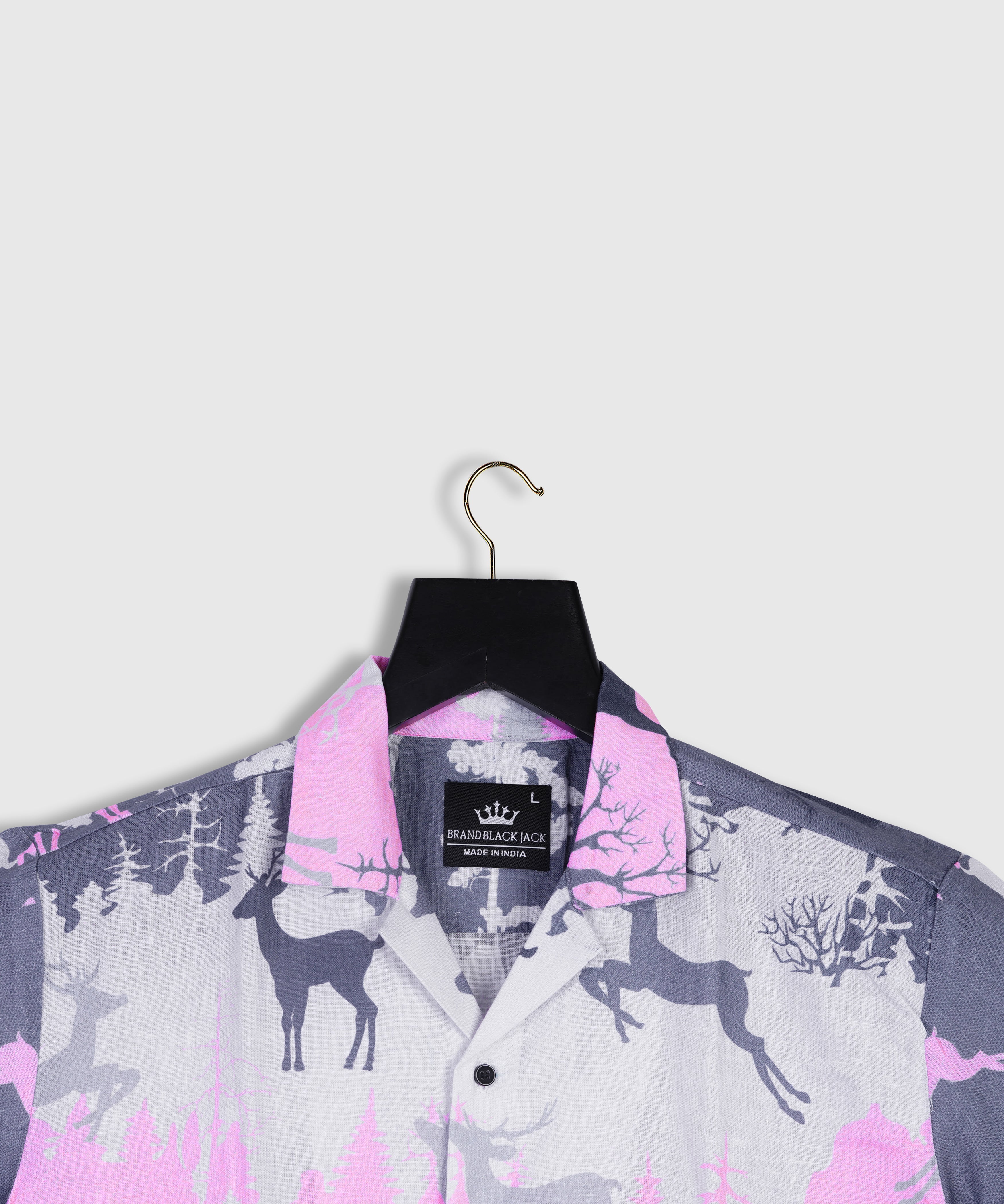 Winter Seamless Pattern with Silhouettes of Deer, Forest and Trees on a Pink, Gray and Lilac Linen Shirts By Brand Black Jack