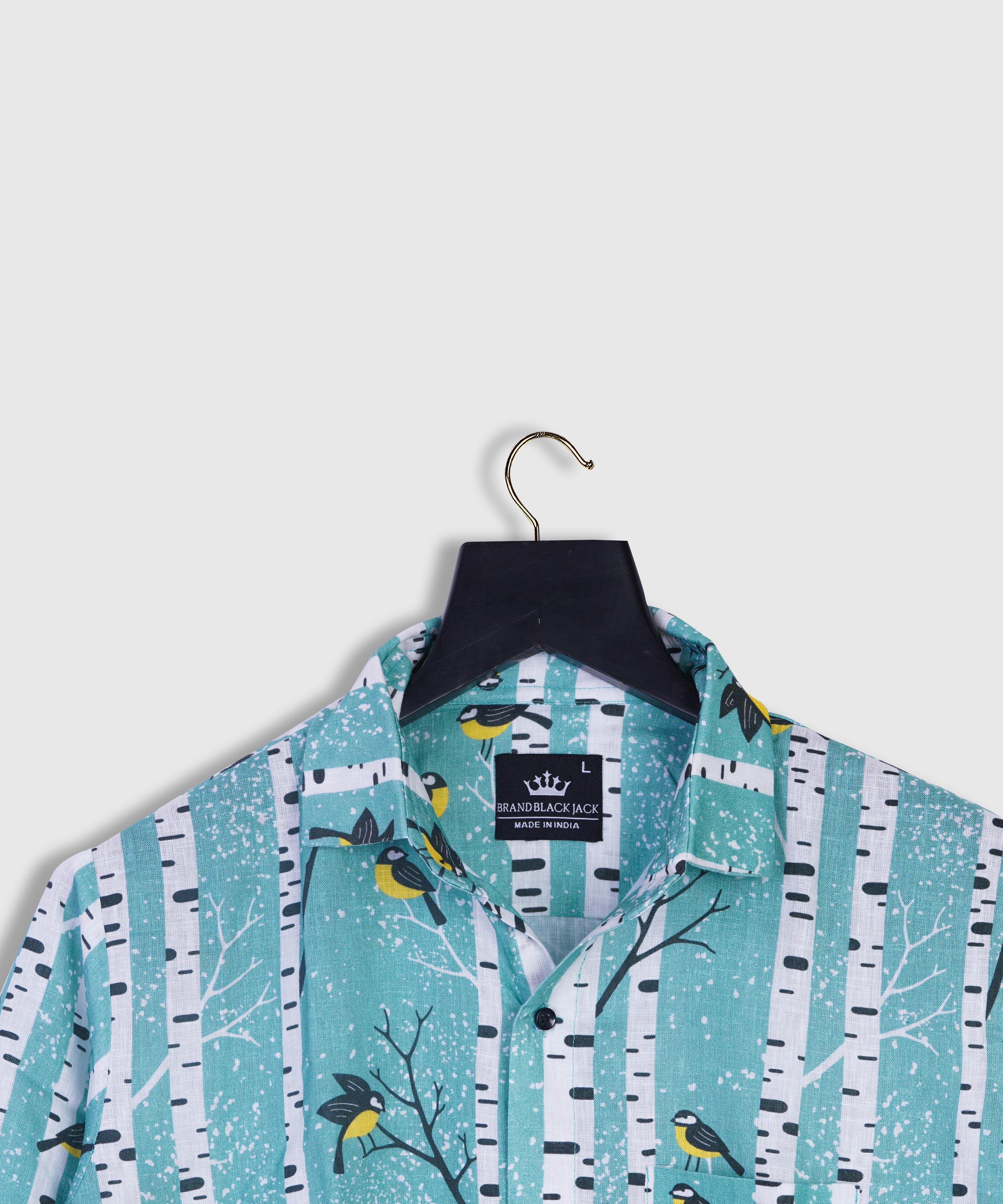 Pure Linen Snowy Birch Trees and Birds Print Full Sleeve Mens Shirt by Brand Black Jack
