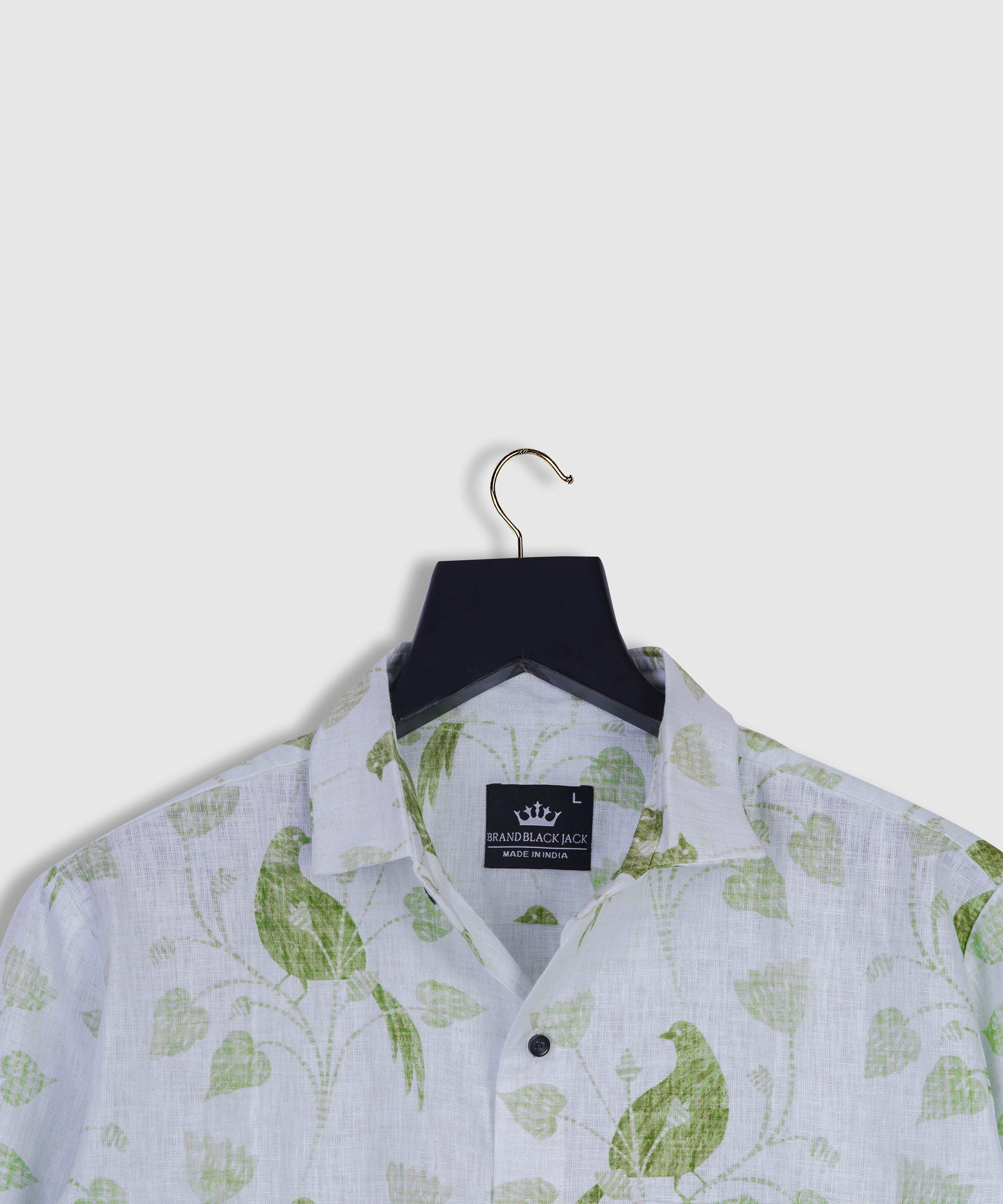 Pure Linen Light Green Leaf Bird Printed Shirt For Men Full Sleeve Shirt By Brand Black Jack