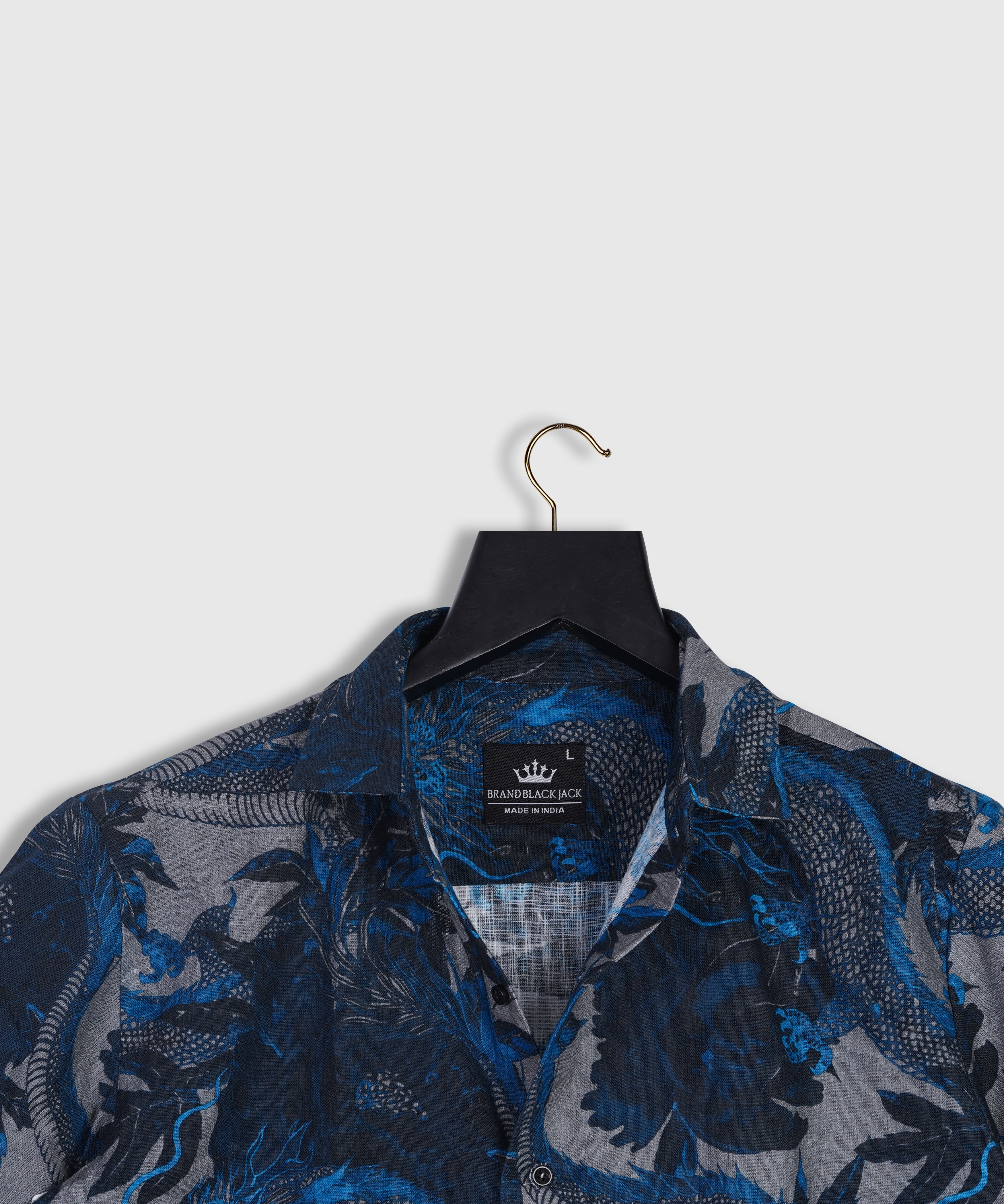 Pure Linen Wild Dragon Navy Blue Half Sleeve Printed Shirt For Men By Brand Black Jack