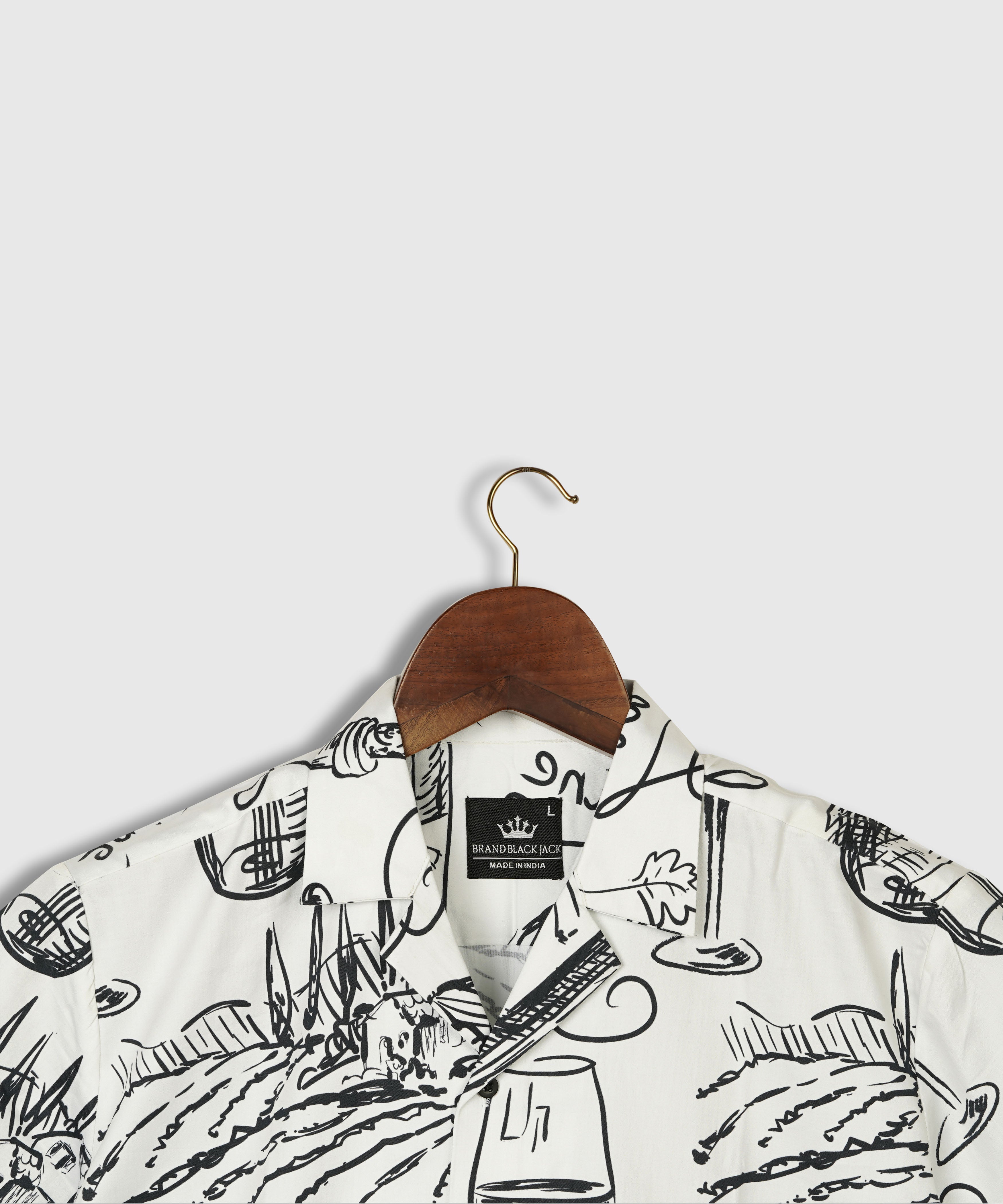 Vintage Wine Bottle Printed Shirt for Men – 100% Giza Cotton | Cuban Collar Hand-Drawn Design by Black Jack