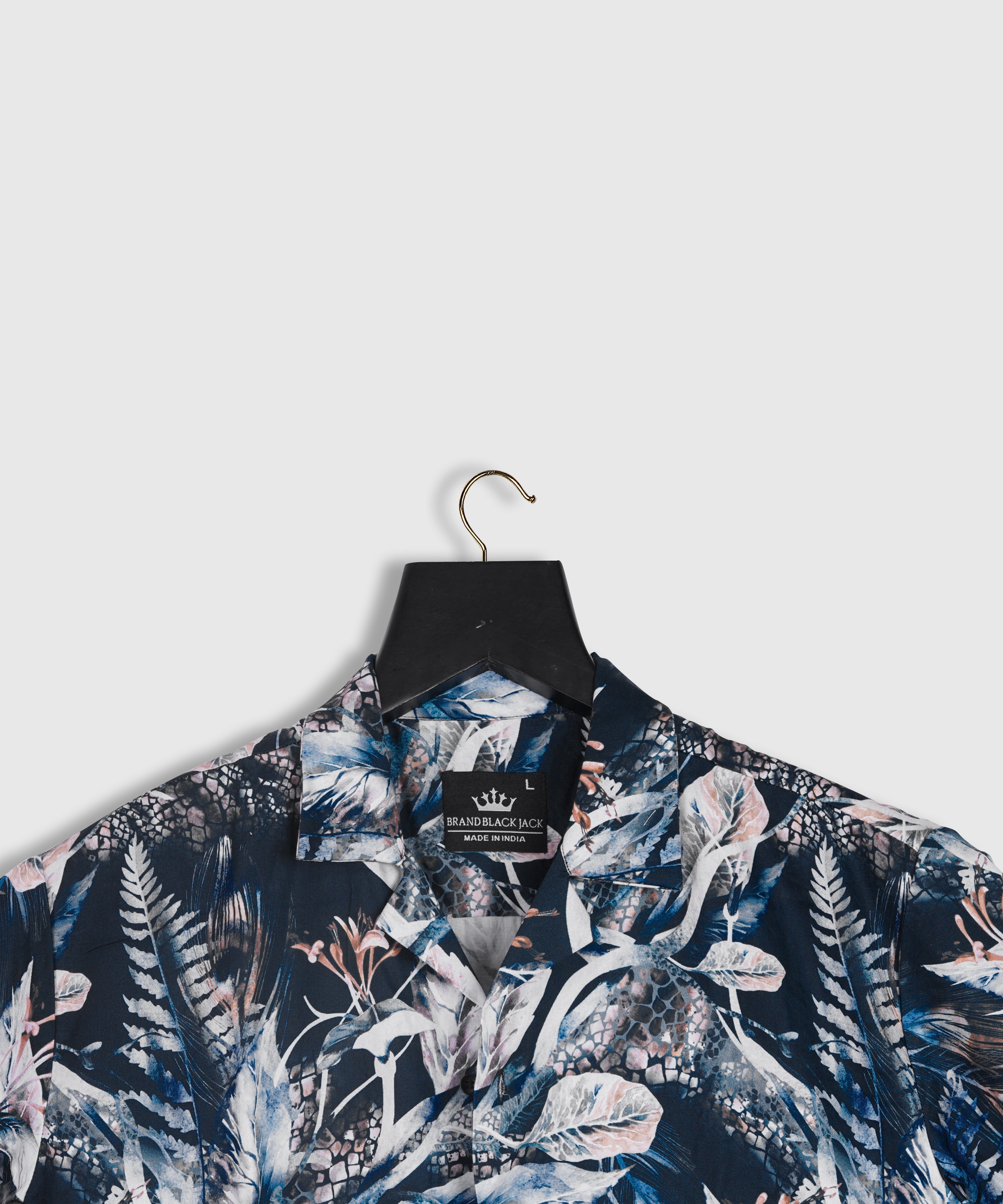 Pure Cotton Leaf and Floral Navy Blue Color Printed Shirt By Brand Black Jack
