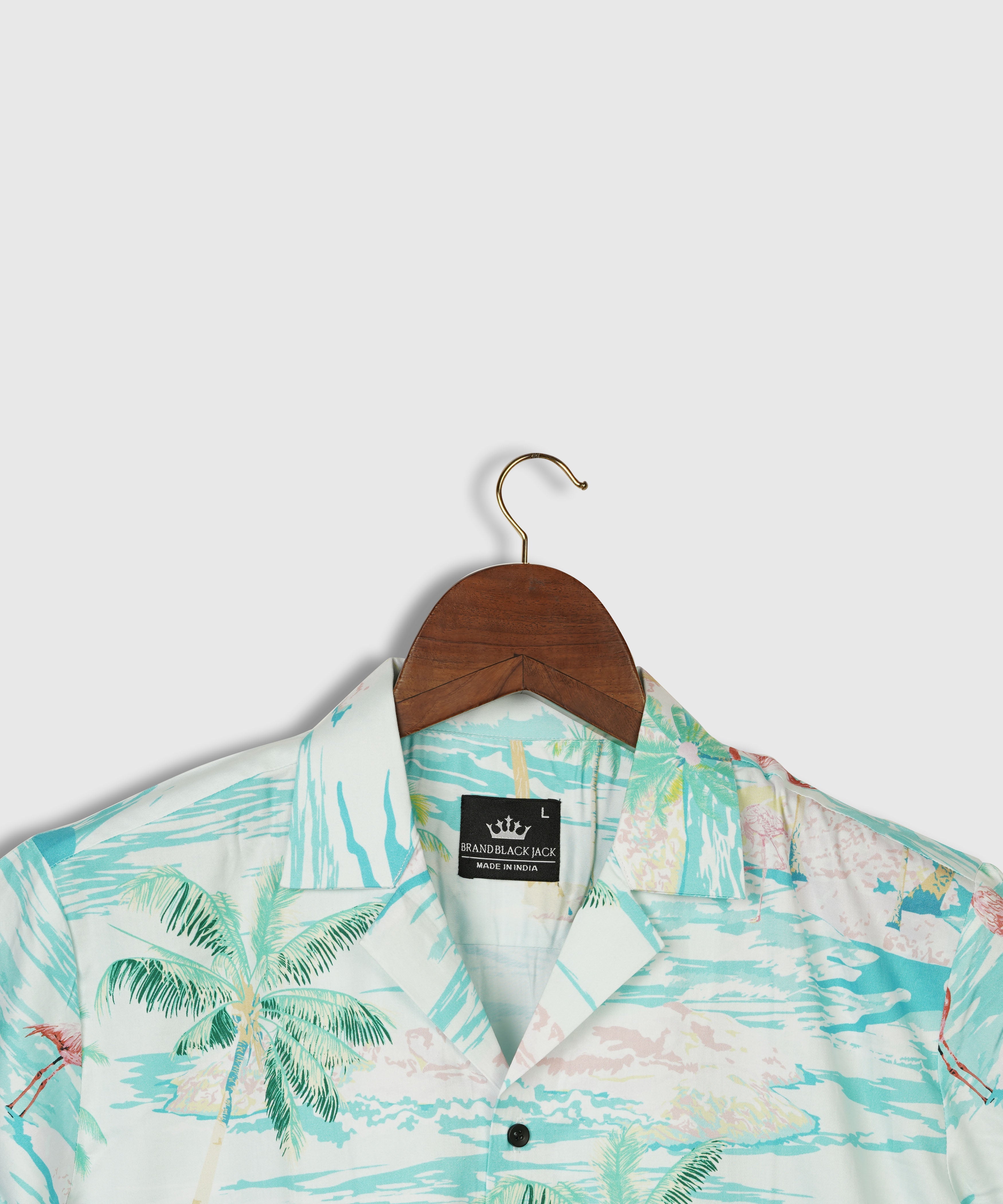 Flamingo Island Print On Green Pastel Color With Plam, Sunset Cuban Pure Cotton Mens Printed Shirt