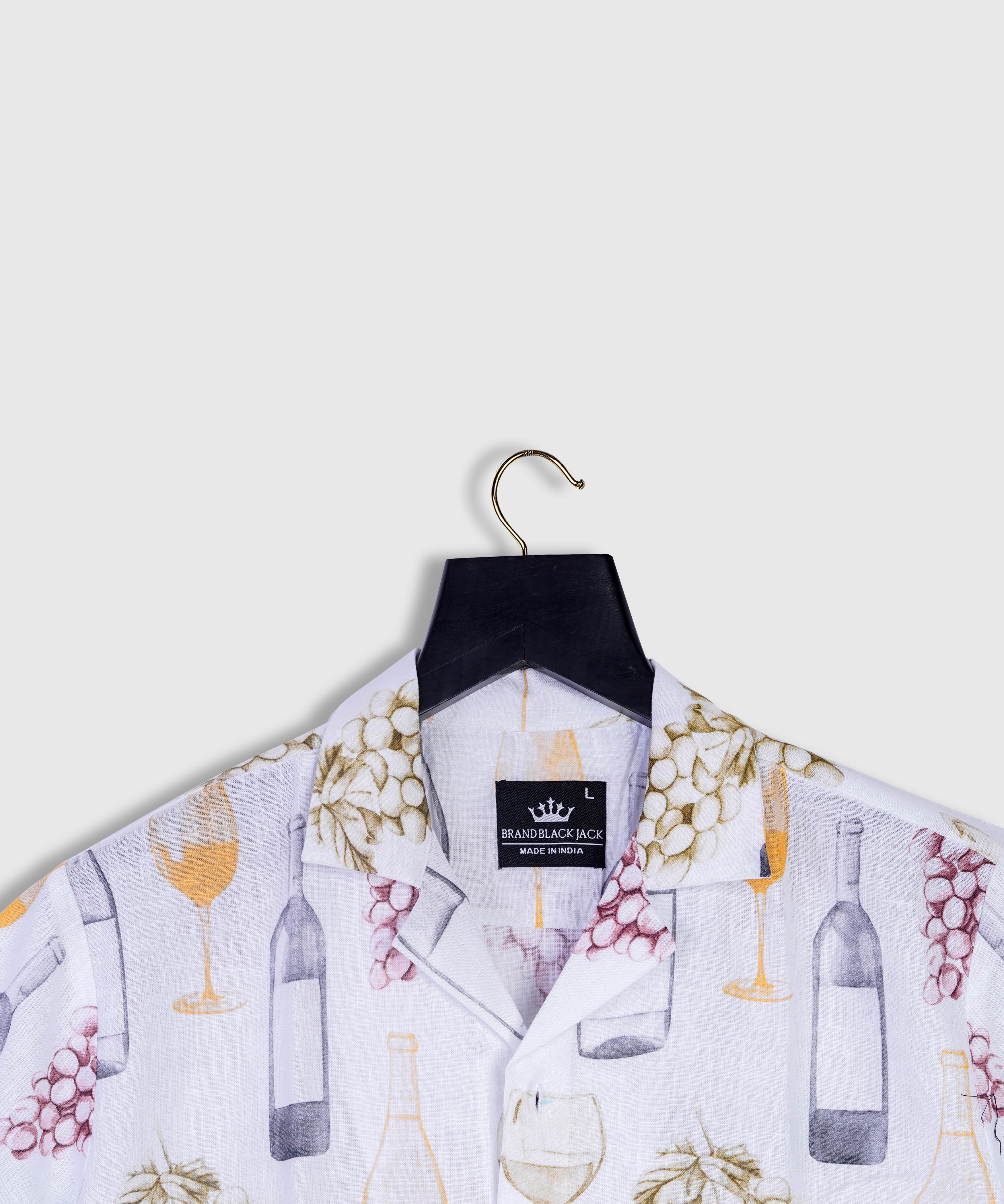 Pure Linen Wine Bottle Cocktail Party Print Cuban Style Mens Shirt by Brand Black Jack