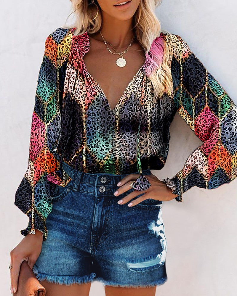 Lantern Sleeve Cheetah Print Colorblock Shirt