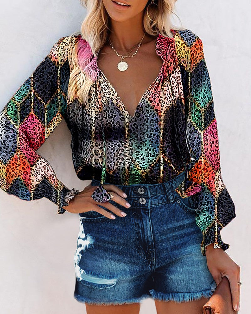 Lantern Sleeve Cheetah Print Colorblock Shirt