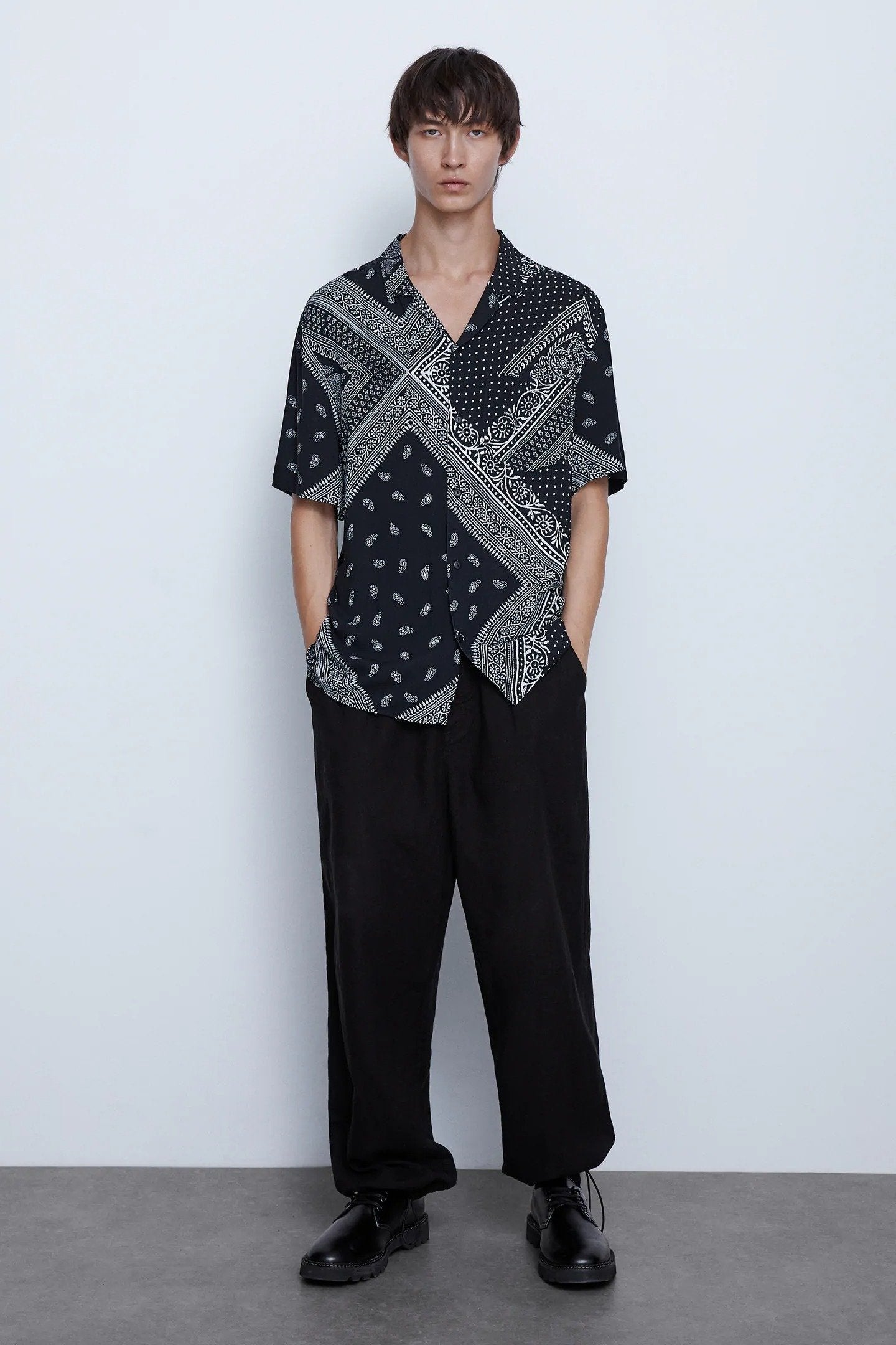 black bandana dress shirt All Saints Men's Orizabo Bandana Print Relaxed Fit Shirt Jet Black