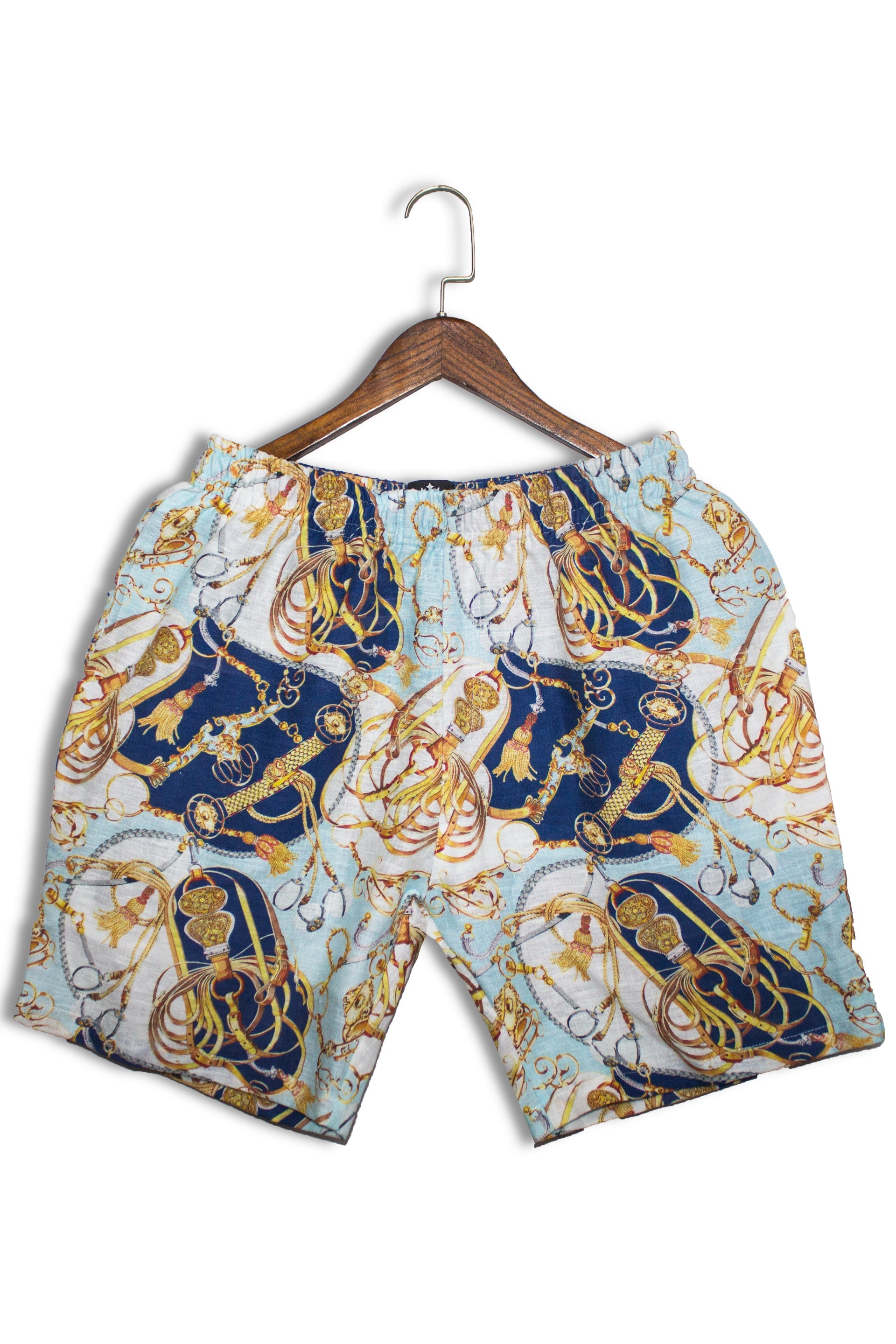 Linen Blue Color Baroque-Chain-Belt Print For Mens Shorts By Brand Blackjack