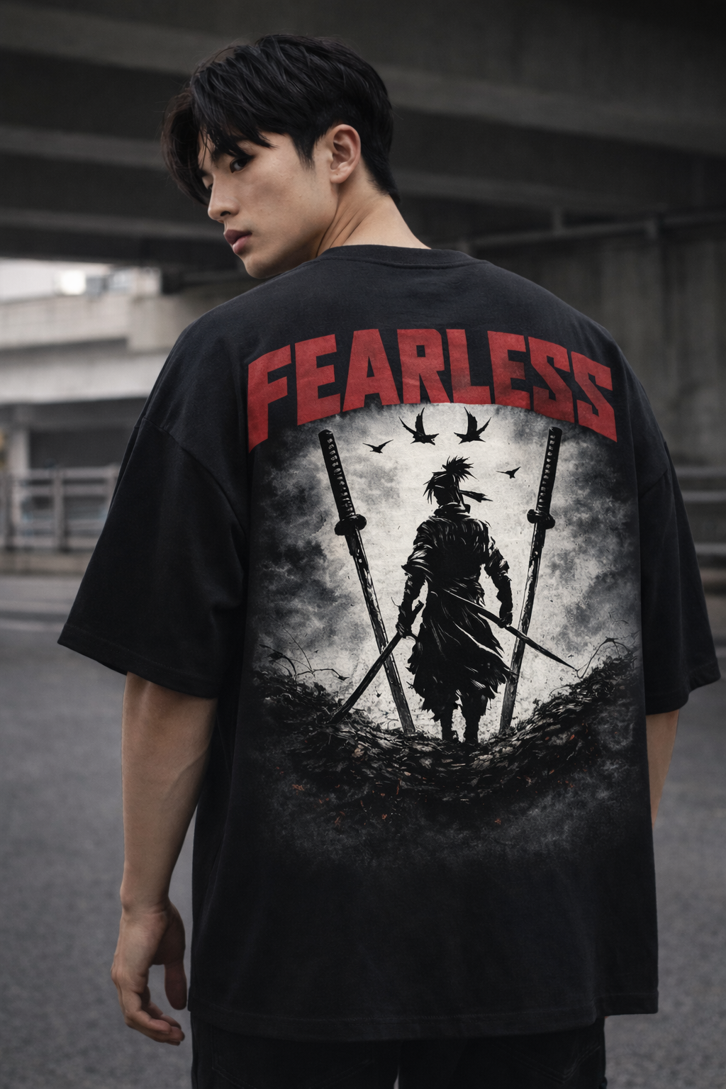 Fearless Samurai Anime Oversized T-Shirt – Premium Drop Shoulder Black